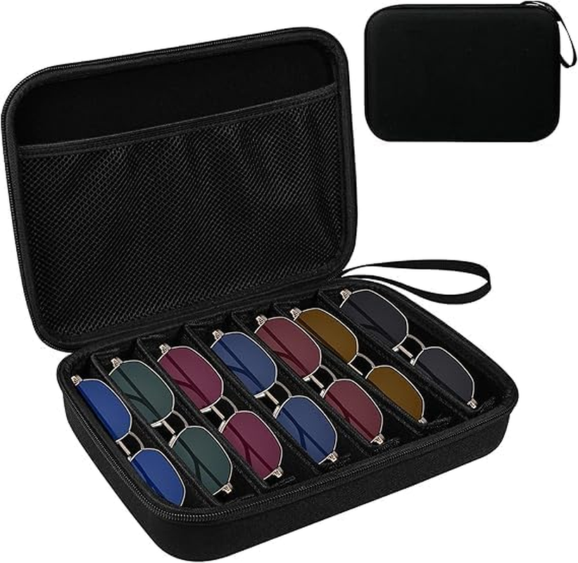 Hard Shell Travel Sunglasses Organizer Case, Portable Eyeglasses Storage Box with Adjustable Dividers & Slots for Multiple Glasses, Sunglass Case for Trip Men and Women