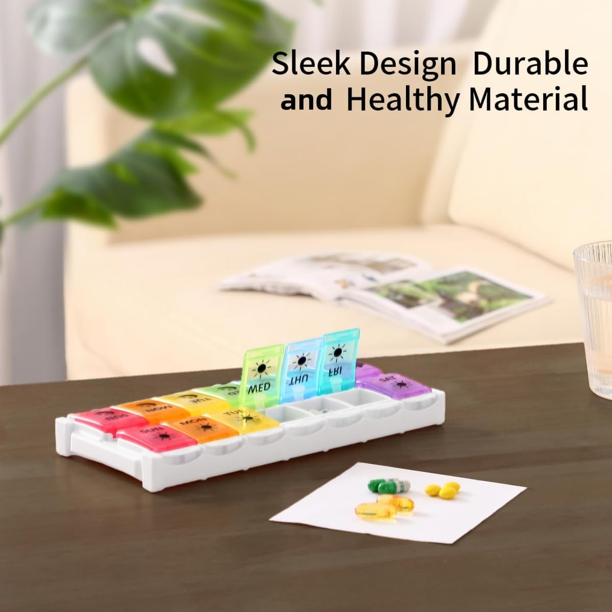 Weekly Pill Organiser, 2 Times a Day Easy to Fill 7 Days Pill Box, Pill Box with Simple Button Design for Pills/Vitamins/Fish Oil/Supplements,Coloured&hellip;