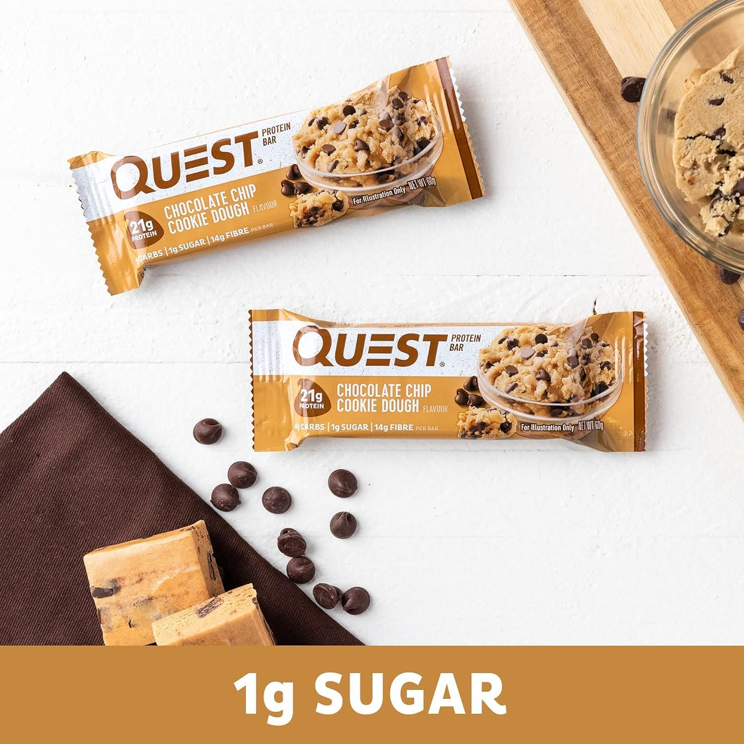 Quest Nutrition Chocolate Chip Cookie Dough Protein Bar, High Protein, Low Carb, Keto Friendly, 4 Count image number 1