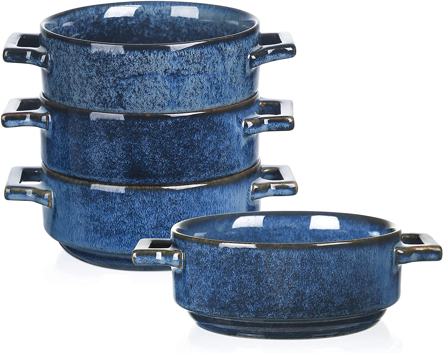 Vicrays Ceramic Soup Bowls with Handles, 24 Oz Porcelain Soup Crocks for French Onion Soup, Cereal, Beef Stew, Chill, Pasta, Pot Pies, Microwave and Oven Safe, Set of 4 (Blue) image number 4