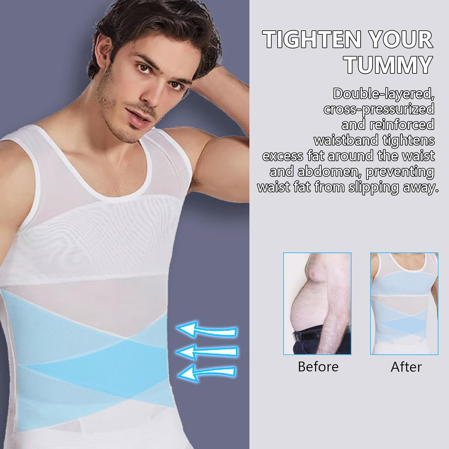 Feimvbe 2 Pieces Compression Shirt for Men Mesh Vest Sleeveless Tank Tops Men Shirt Mens Shapewear Tight Tummy Control Vest Slimming Vest image number 3