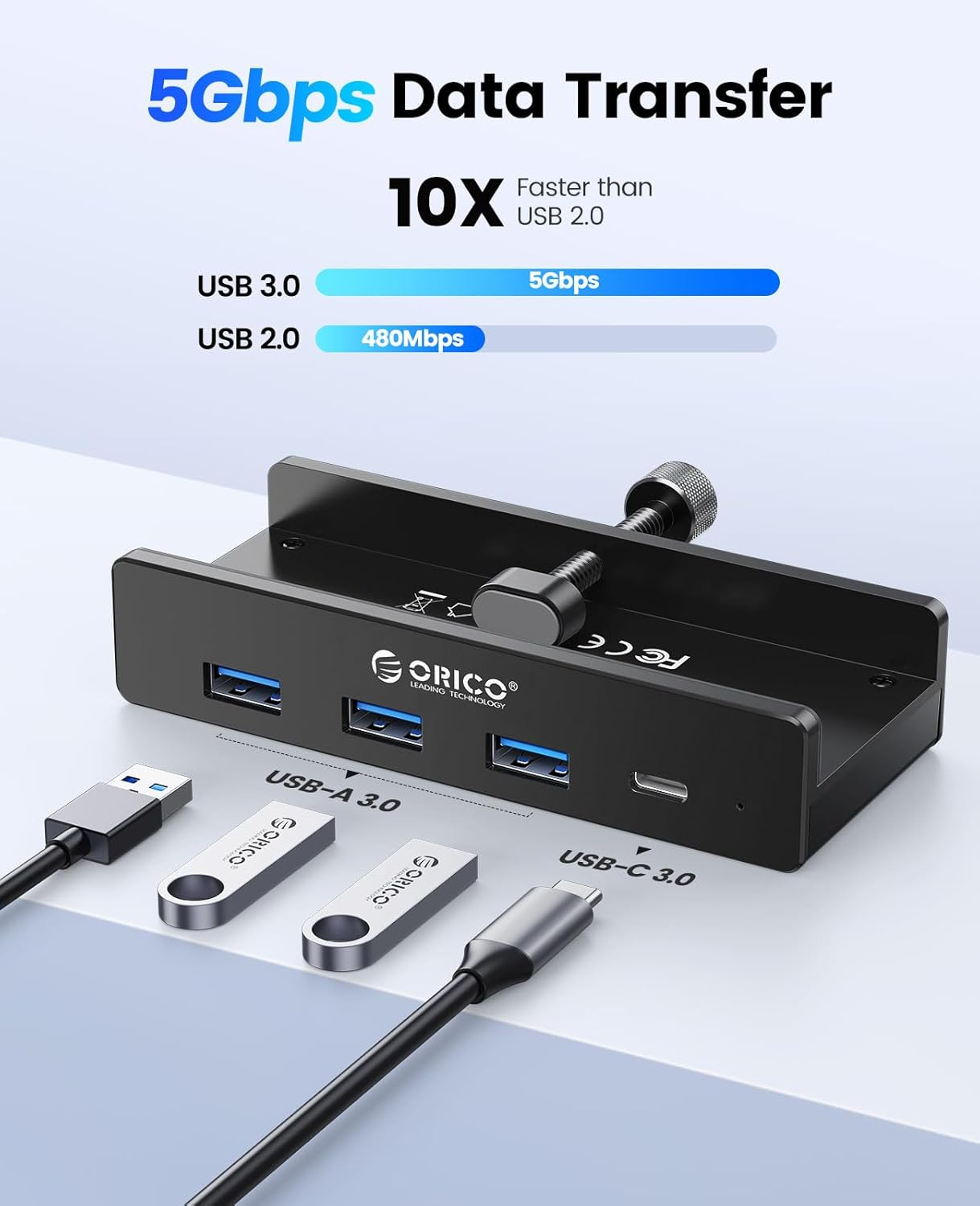 ORICO USB Hub 3.0, Clamp USB Hub with Extra Power Supply Port, Aluminum 4-Port USB Adapter with 3 USB-A Data Ports, USB-C Port for Monitors, Desks (Black) image number 3