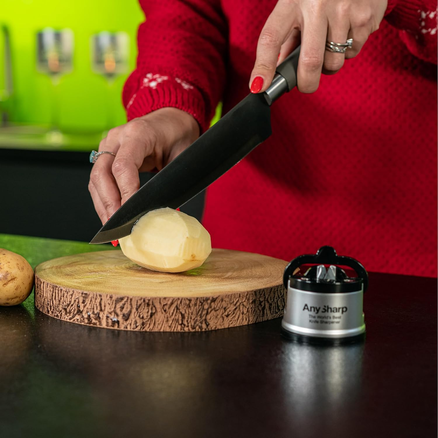 Anysharp Knife Sharpener, Hands-Free Safety, Powergrip Suction, Safely Sharpens All Kitchen Knives, Ideal for Hardened Steel & Serrated, World'S Best, Compact, One Size, Silver - Brick Red image number 6