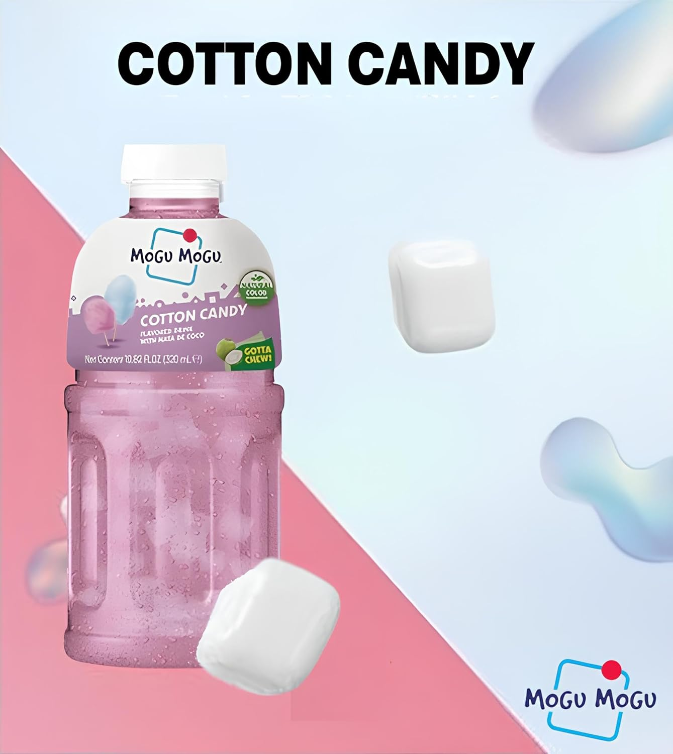 Mogu Mogu Cotton Candy Flavoured Drink with Nata De Coco | Fun Fruity Asian Drinks with Chewy Coco Jelly | Refreshing and Unique Mogu Mogu Drink | Sweet Cotton Candy Flavour | Nata De Coco Drinks | 320Ml Bottle