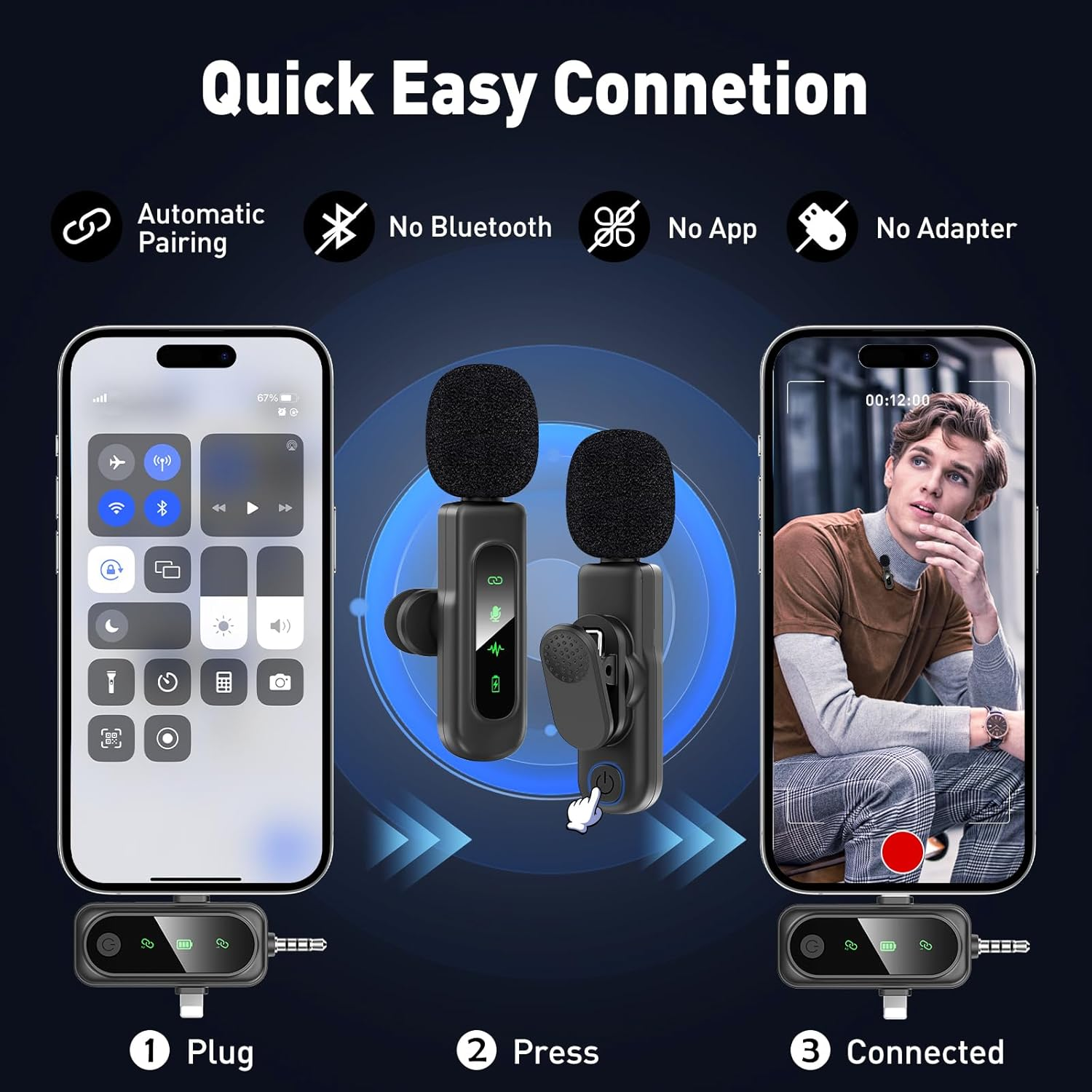 3 in 1 Wireless Lavalier Microphones for Iphone/Android/Camera Devices，2 Pack Magnetic Lavalier Mic ,Mini Microphone with Mute/Reverb/Noise Reduction for Youtube/Vlog/Tiktok Podcast Content Creator image number 1