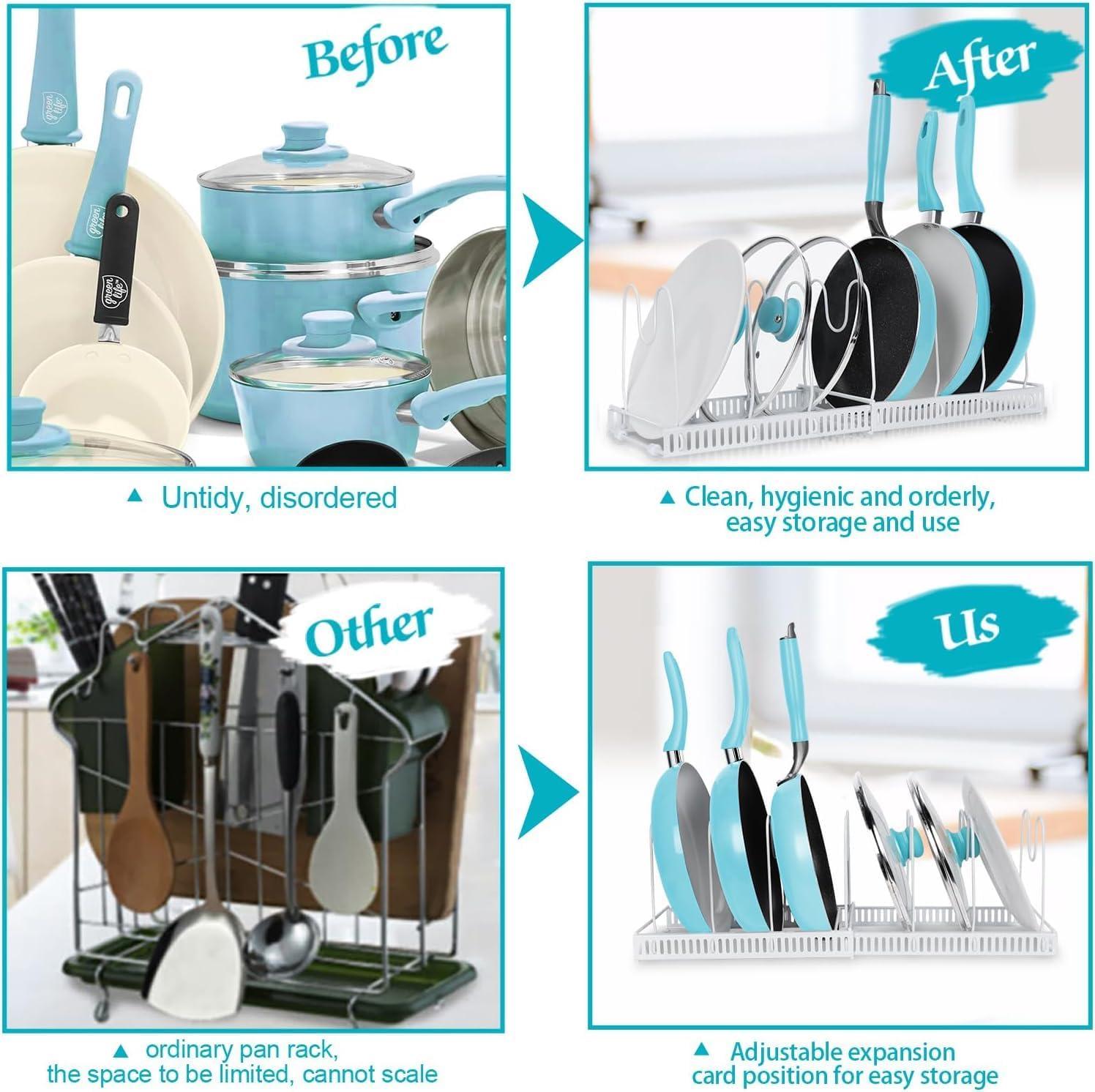 Yharnamite Expandable Pans Organizer Rack, Pot Lid Holder with 10 Adjustable Compartments, Expandable Cookware Rack, Kitchen Organisation Pot Rack for Kitchen Cabinet Organizers and Storage (White) image number 1