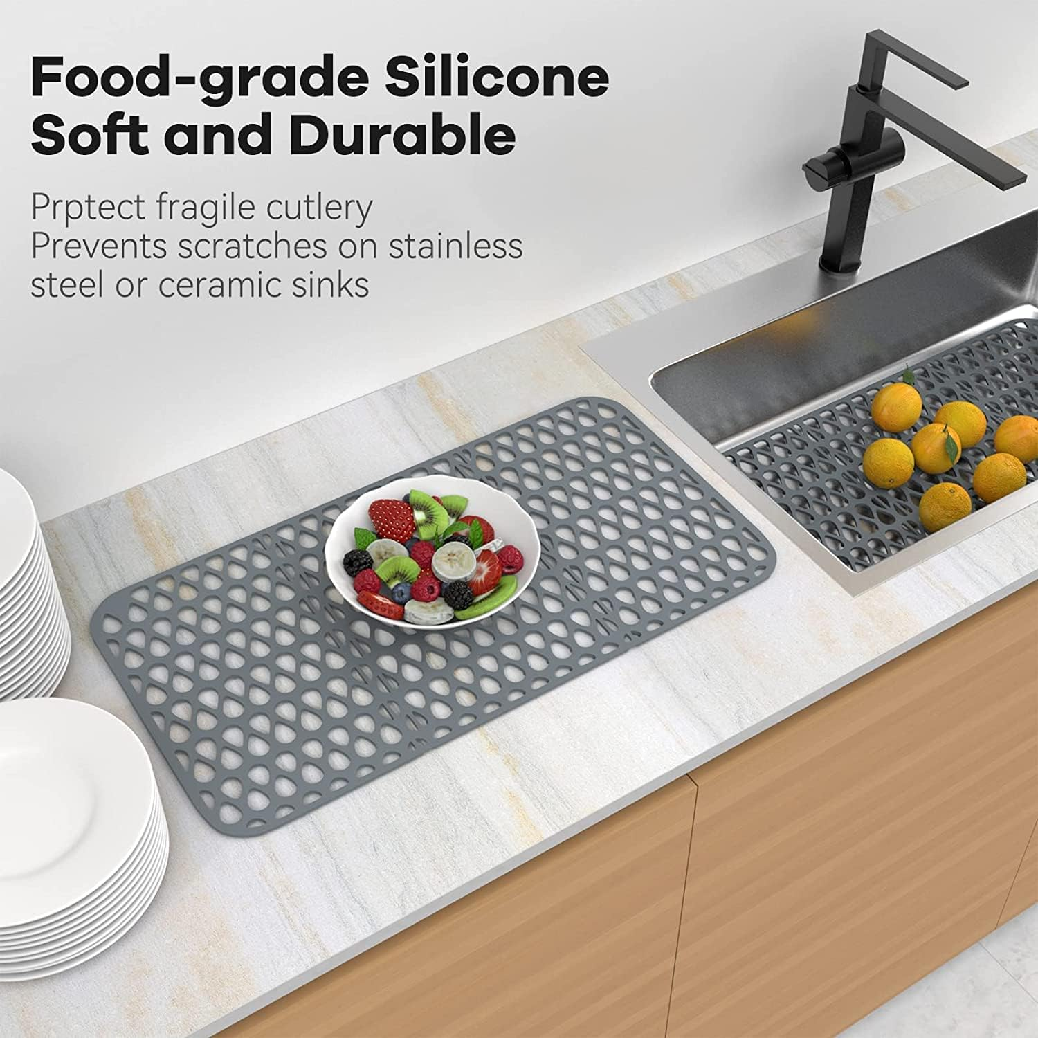 Foldable Non-Slip Sink Mat, Silicone Sink Protectors for Kitchen Sink, Sink Mat Grid for Bottom of Farmhouse Stainless Steel Porcelain Sink for Center Drain (26''X 13.8'')-Grey image number 1