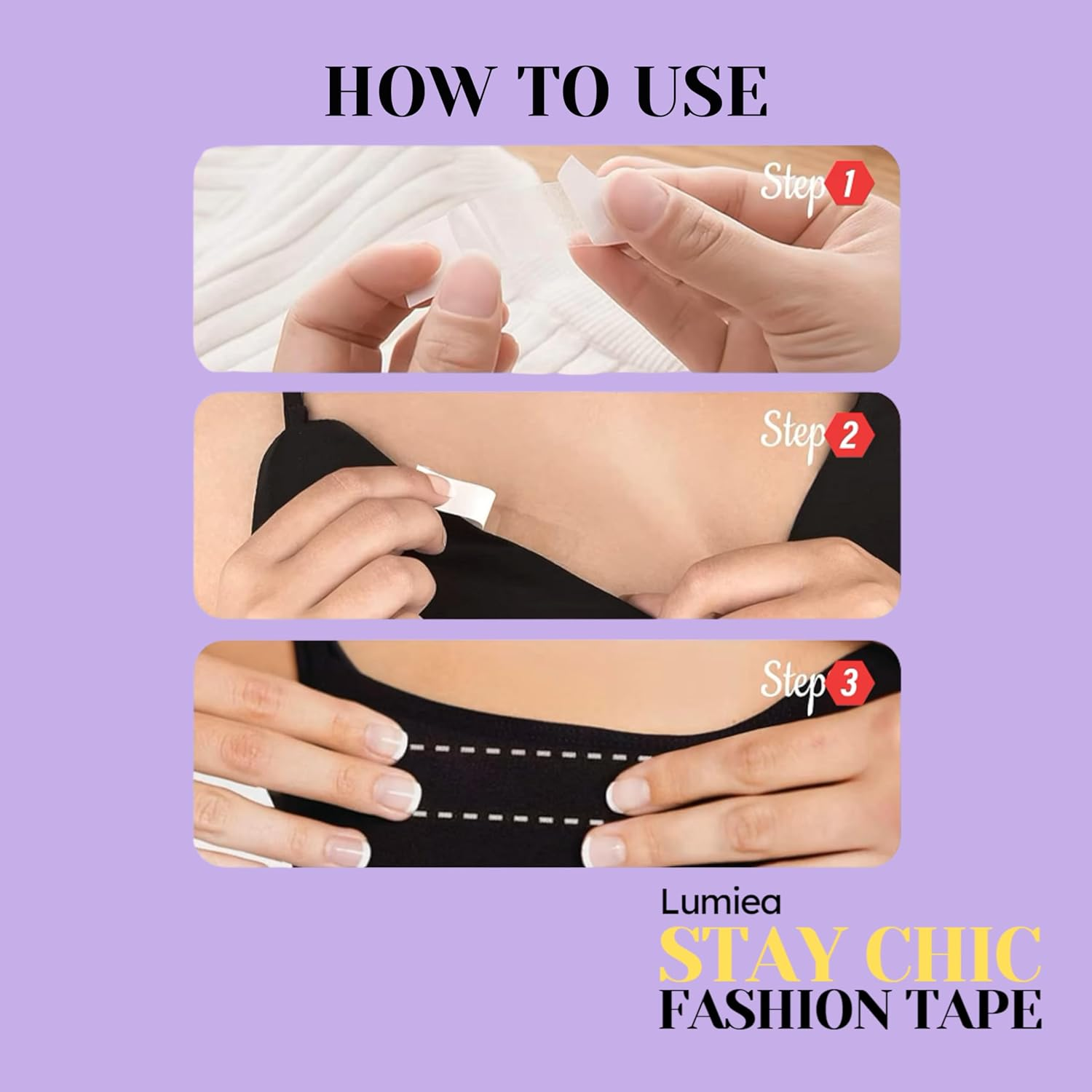 STAY CHIC Invisible Body & Clothing Tape, Double Sided Fashion Tape, Seamless Dress Tape, Waterproof, Skin Friendly, for All Fabrics 50-Strip Pack