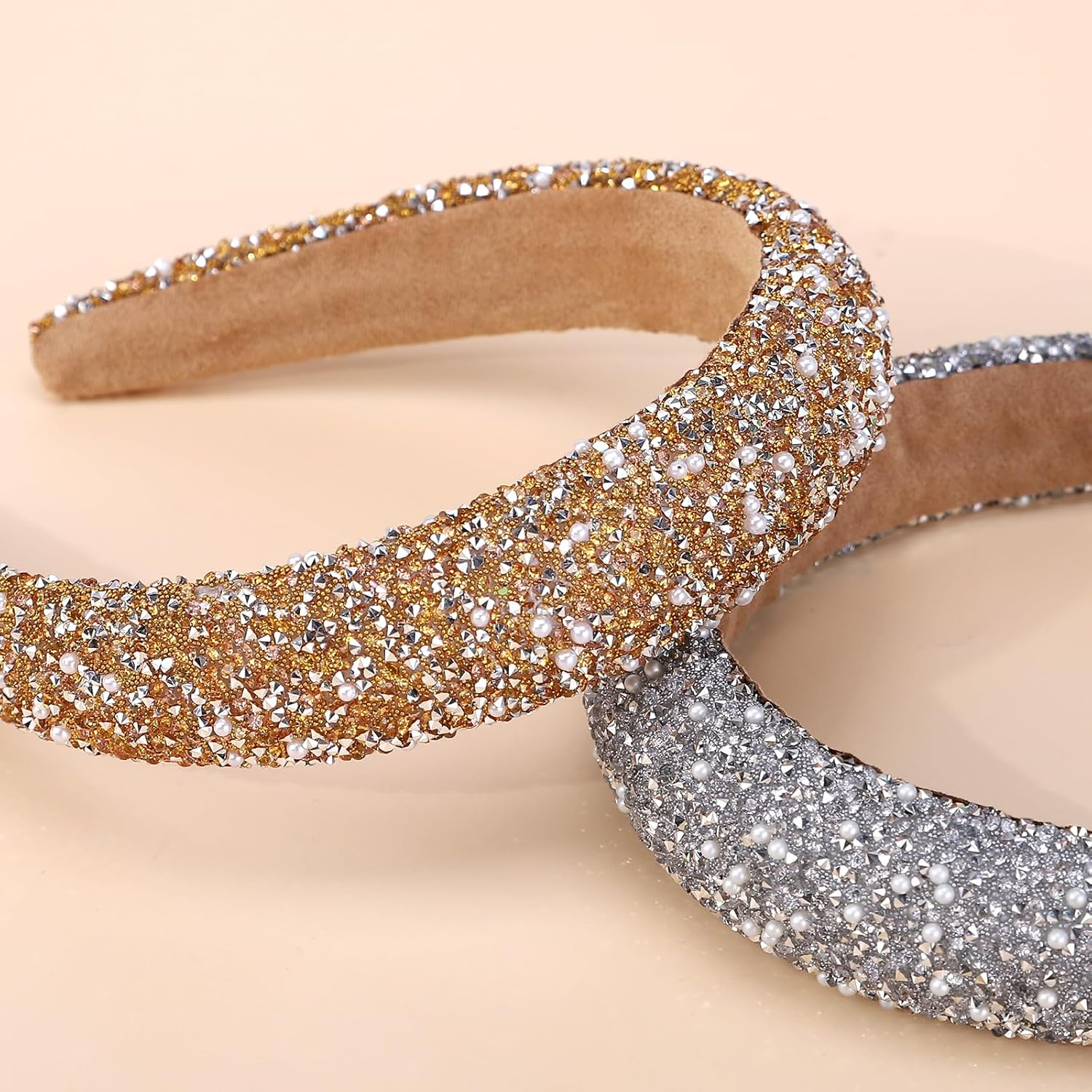Rhoxshy 2 Pack Rhinestone Headbands for Women Crystal Rhinestone Headband with Pearls Sparkly Diamond Hairband Sequin Beaded Pearls Padded Headbands Jeweled Hair Accessories (Gold & Gray) image number 5