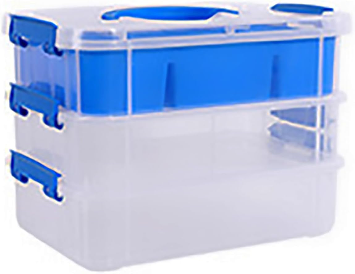 FOREVERIE Stackable Clear 3 Tier Arts & Crafts Plastic Storage Containers Large with a Six-Grid Tray, Portable Layered Embroidery & Sewing Box Organiser, Plastic Storage Box (Clear & Blue)