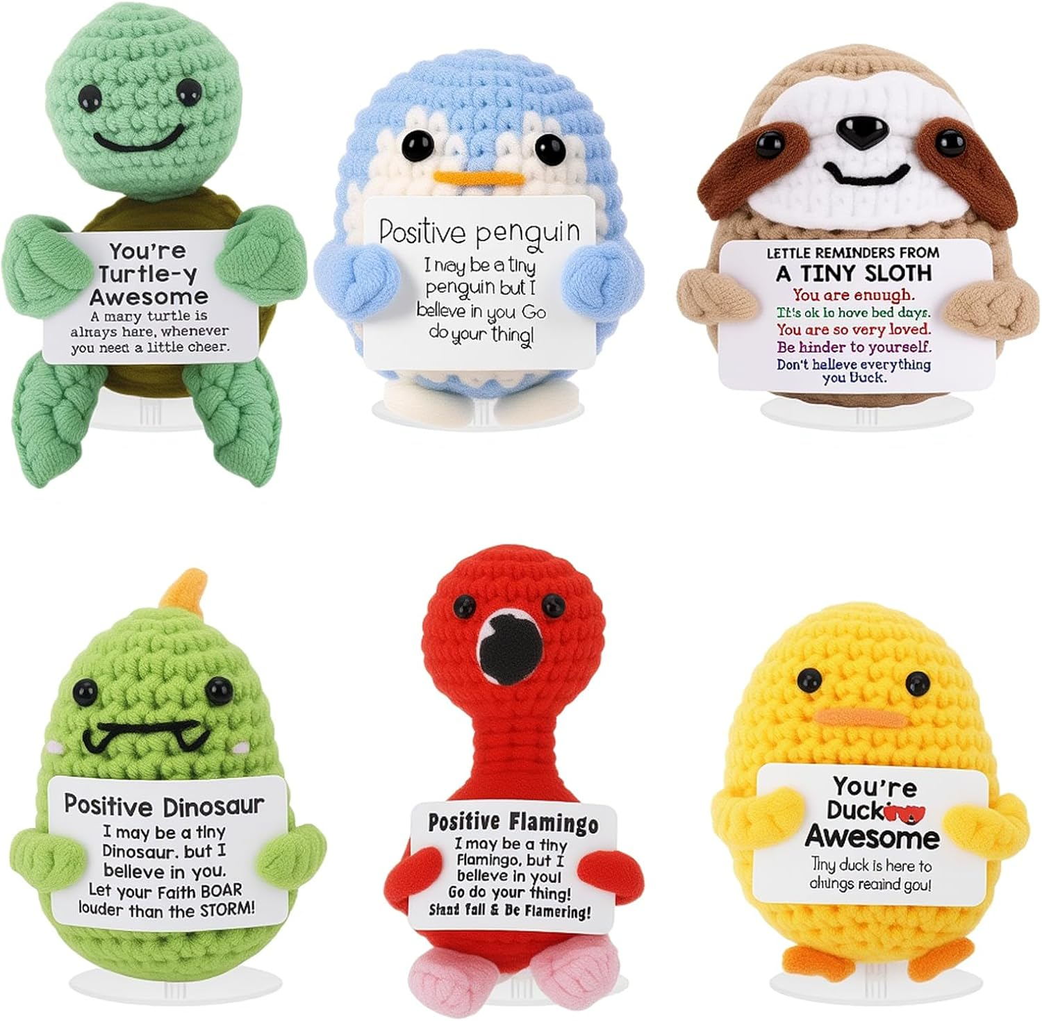 Fayrvind 6 Pcs Emotional Support Positive Crochet Animal Doll Cute Stuff Desk Accessories Birthday Gifts for Women Thank You Gift (Turtle, Duck, Dinosaur, Sloth, Flamingo, Penguin) image number 1