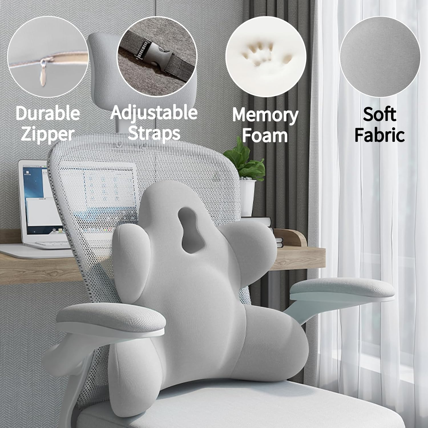 Lumbar Support Cushion for Pain Relief, Lower Back Support Pillow with Adjustable Strap, Ergonomic Memory Foam Back Rest Cushion for Office Chair & Car Seat (Grey) - Grey image number 2