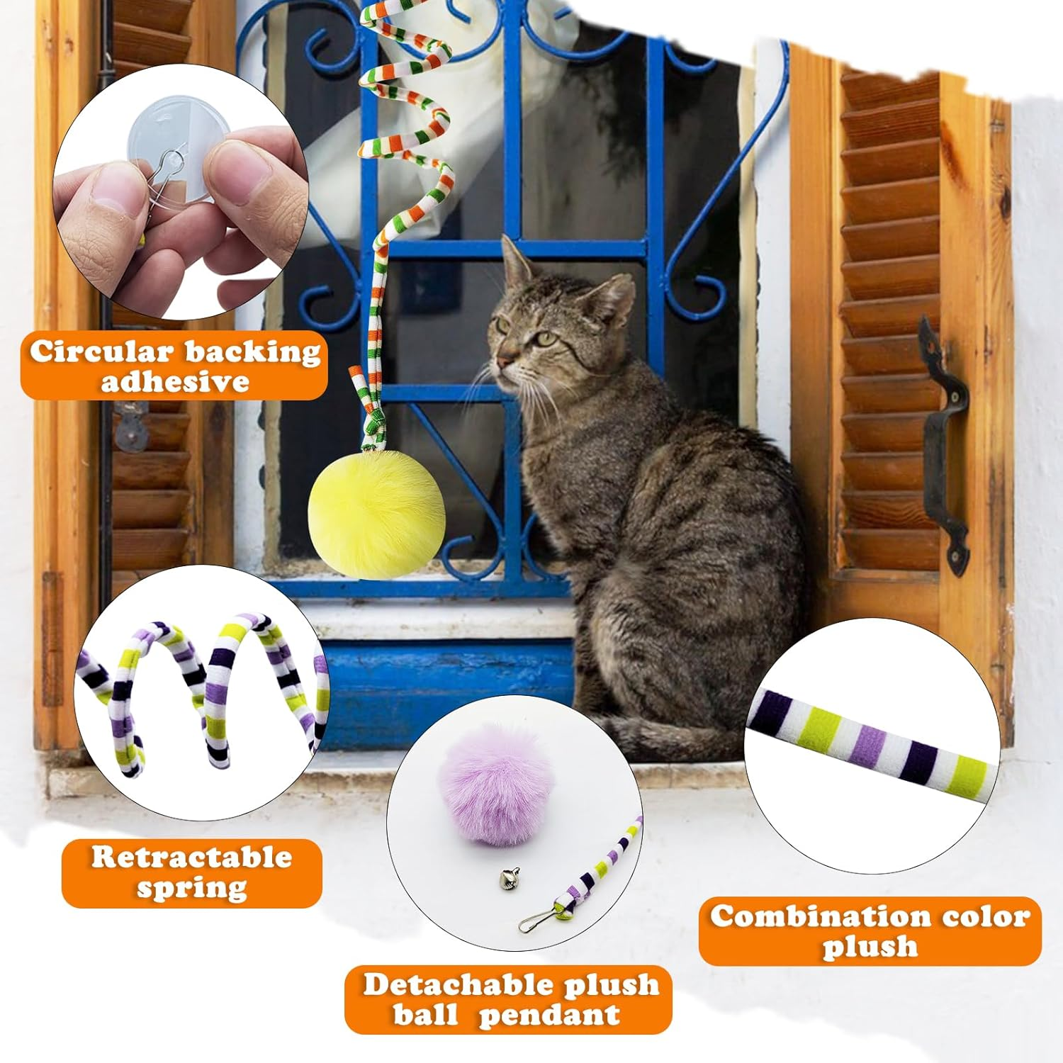 Andiker Cat Spring Toy, Self-Play Stretchy Door Hanging Cat Toy with Bell, Soft Plush Ball with Spring Kitten Toy for Exercise (Green + Purple) image number 3
