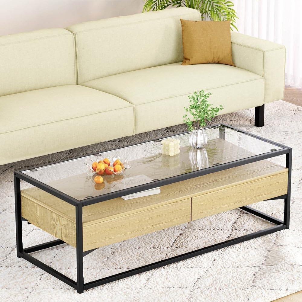 Artiss Coffee Table, Square End Tables 5MM Tempered Glass Tabletop for Home Furniture Living Room, Metal Frame Bedside Storage Modern Design with 2 Drawers Shelf Pine image number 4