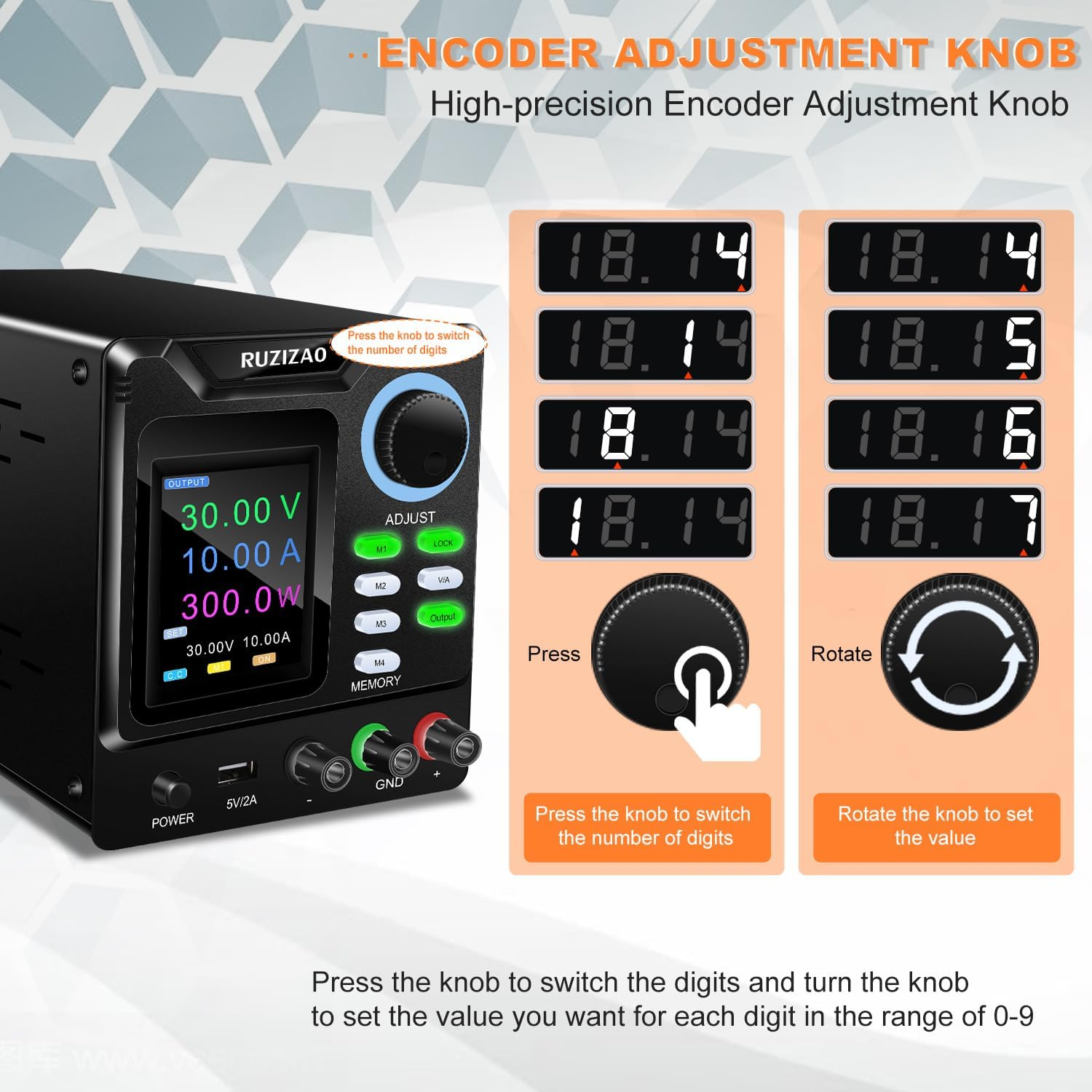Bench Power Supply Variable (0-30V,0-10A),DC Power Supply Variable with Memory Storage and Encoder Knob, Adjustable Regulated DC Power Supply with Output Switch, Lock Button