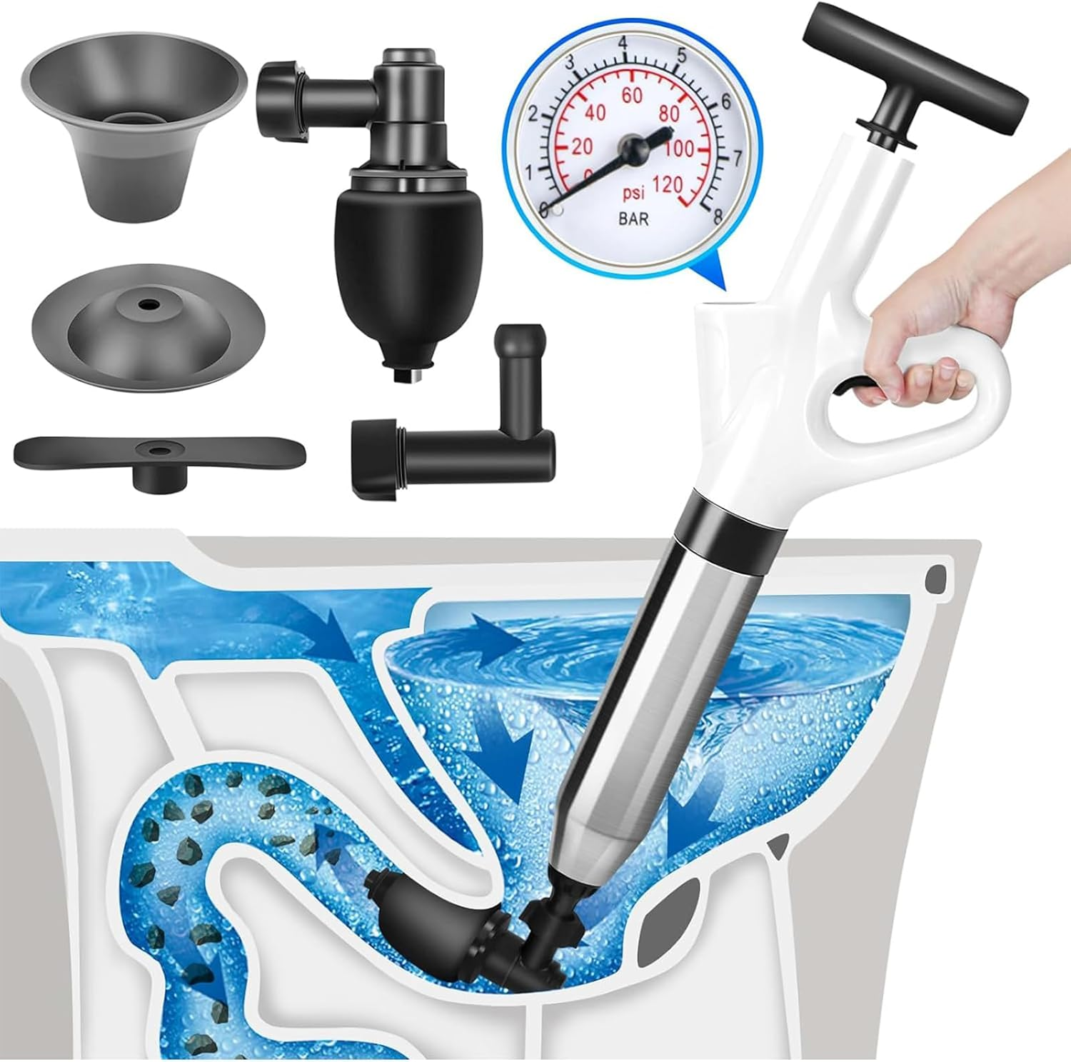 Toilet Plunger, Drain Clog Remover, High-Pressure Air Drain Blaster with Real-Time Barometer Powerful Drain Snake Sink Plunger Plumbing Tools, Plungers for Bathroom, Sink, Floor, Kitchen Clogged image number 3