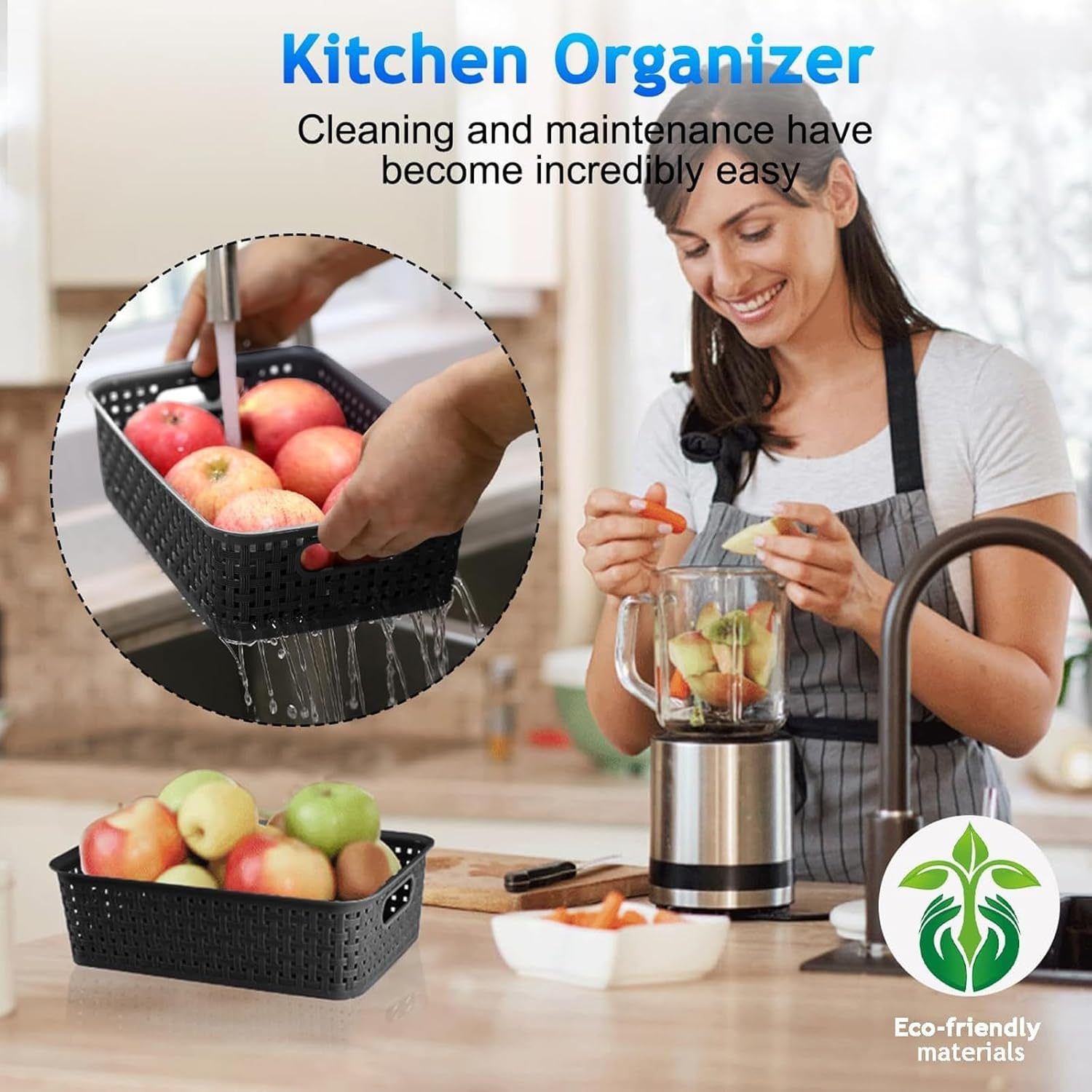 8 Pack Plastic Storage Baskets Set of Stackable Weave Baskets Sturdy Storage Containers with Handle for Shelves, Desktops, Cabinets, Bedrooms, Office (Black - 8 Pack) image number 4