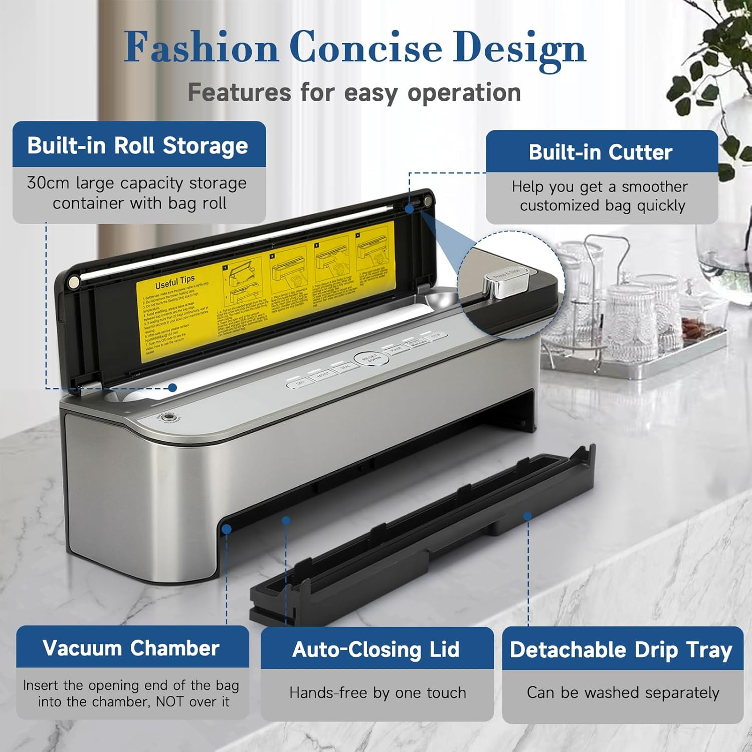 Vacuum Sealer Machine, 85Kpa 120W Automatic Food Vacuum Sealer, Powerful Sealing System, Build-In Cutter, Bags Storage, Moist Mode and Air Suction Hose image number 6