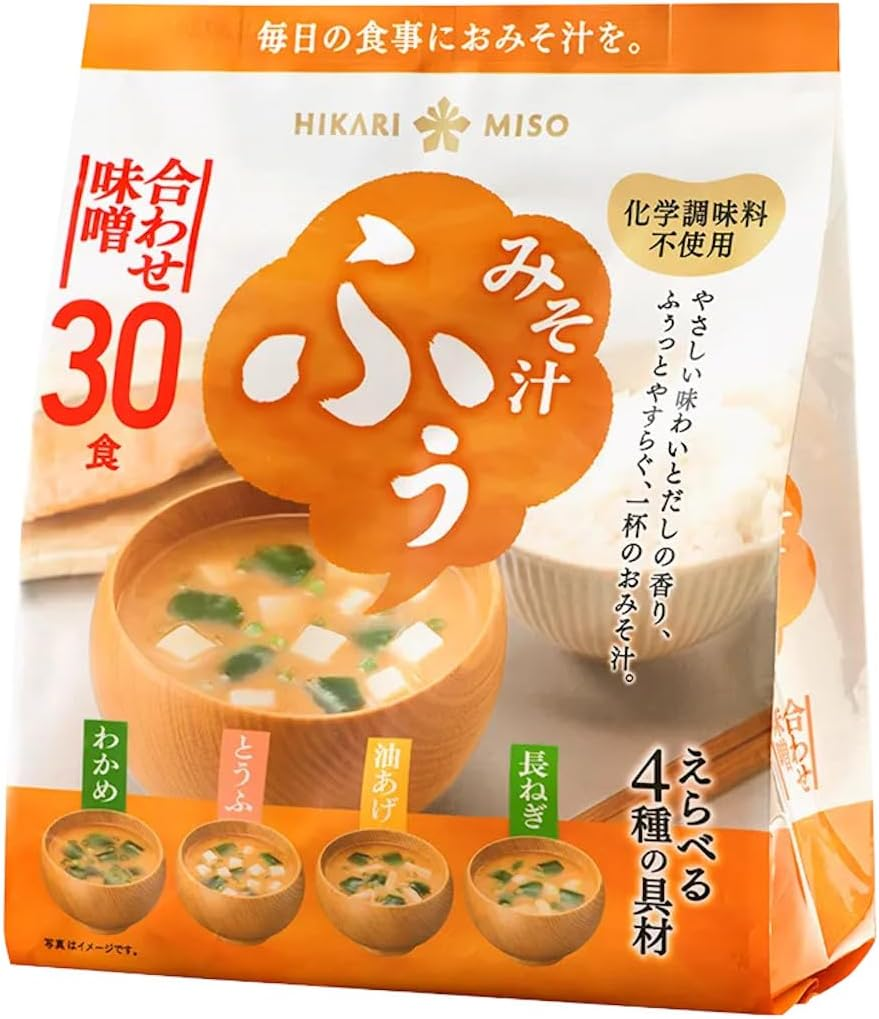 Hikari Miso Japanese Instant Miso Soup, 4 Flavors, Pack of 30 Miso Soups (Wakame Seaweed, Green Onions, Tofu, Fried Tofu)
