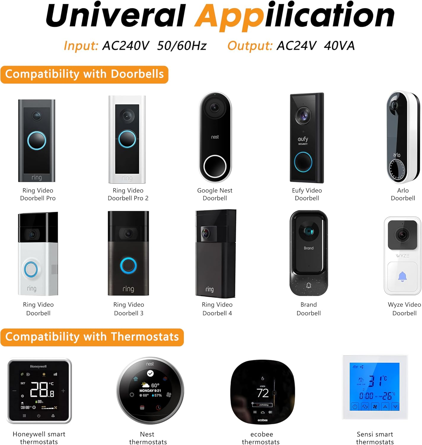 Arayuu 24V 40VA Thermostat and Doorbell Transformer Adapter Compatible with Nest Hello Doorbell, Ecobee, Saswell, Nest, Sensi and Honeywell Thermostat, All Versions of Ring Doorbell Power Supply image number 1