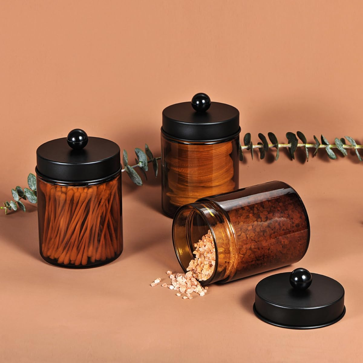 Amber Glass Qtip Holder, Apothecary Jar,Qtip Dispenser with Metal Lid & Stickers- 3Pack Containers,Vanity Canister Organizer Storage,Bathroom Accessories Set for Cotton Swab, Ball, Pad, Floss image number 3