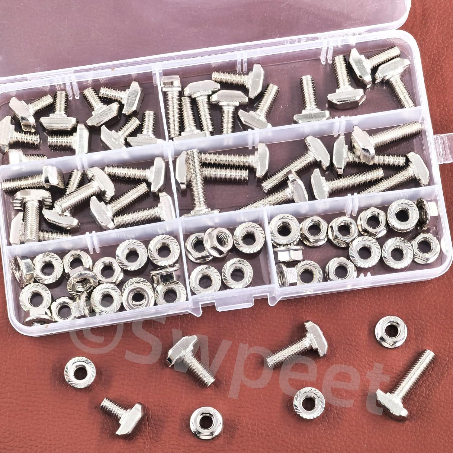 Swpeet 80Pcs 4 Sizes European Standard 30 Series M6 X 12/16/20/25Mm T Slot Drop-In Bolt and Nickel M6 Flange Nut Assortment Kit, Thread T Slot, Drop-In Bolt T-Bolt, Hammer Head Bolt, T Screw Stud