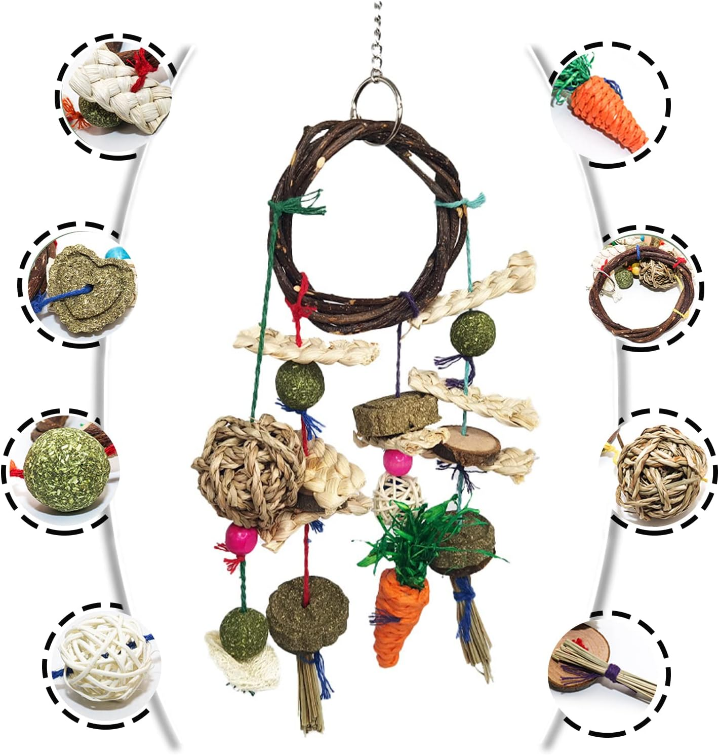 Grddaef Rabbit Chew Toys, Bunny Cage Hanging Toys Rattan Ring Treats Grinding Teeth for Rabbit Guinea Pig Chinchilla Hamster Ferret