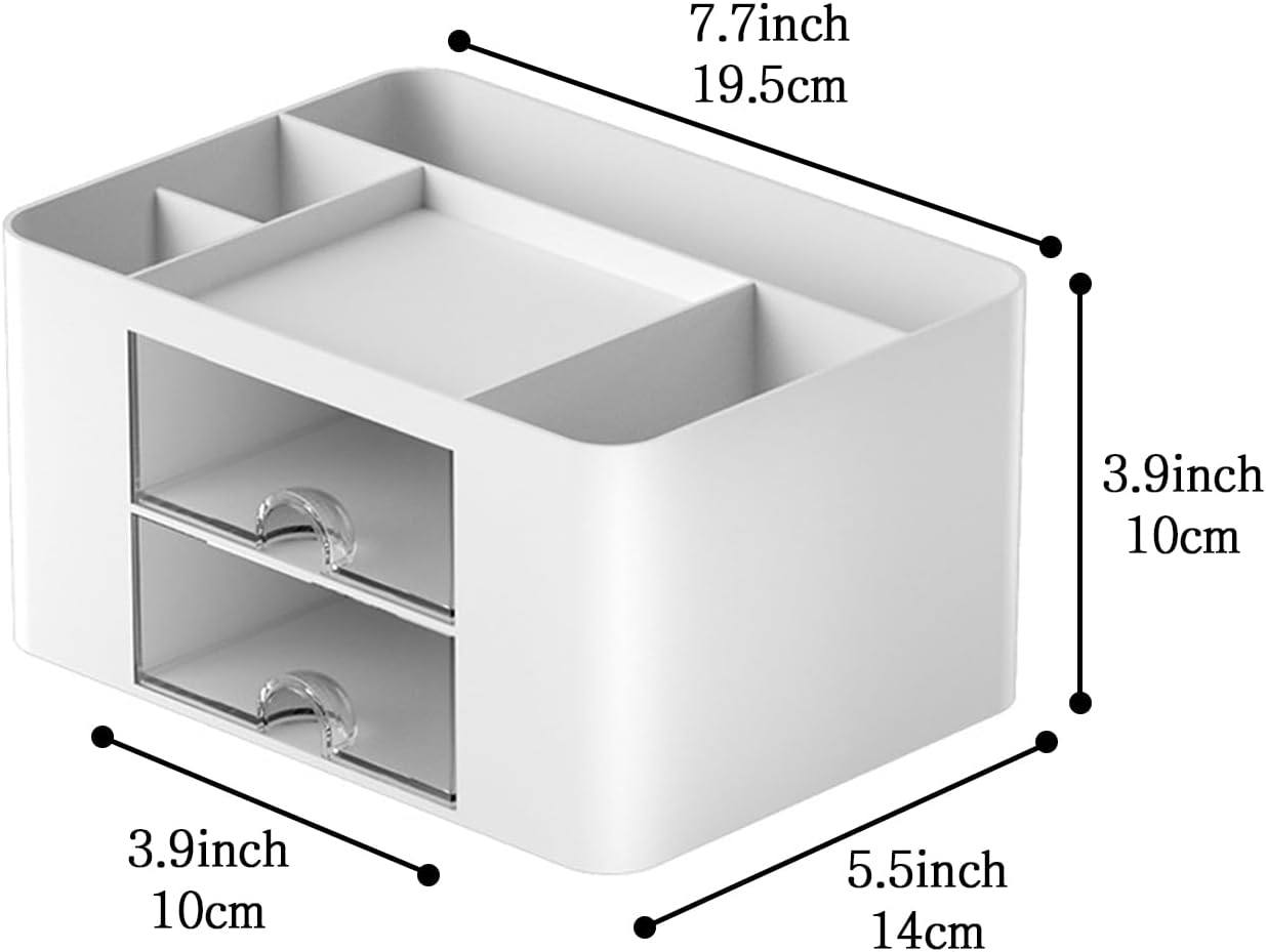 Desk Organizer with 2 Drawer and 5 Compartments, Multi-Compartment Pencil Pen Holder Drawer Storage Organizer Accessories for Office Home (White) image number 6