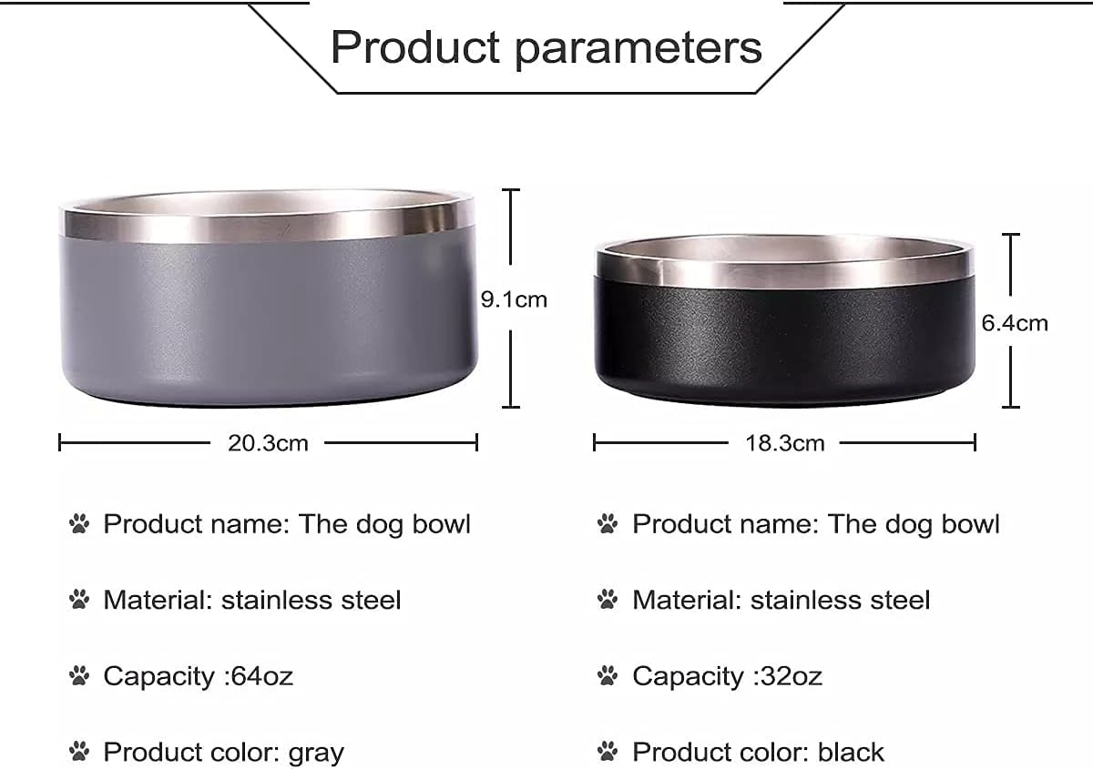 Gteller 32Oz 64Oz Stainless Steel Double Wall Dog Bowls,Bpa Free Non-Slip Pet Dishes,Cat Food&Water Bowl with Rubber Base(64Oz, Grey)