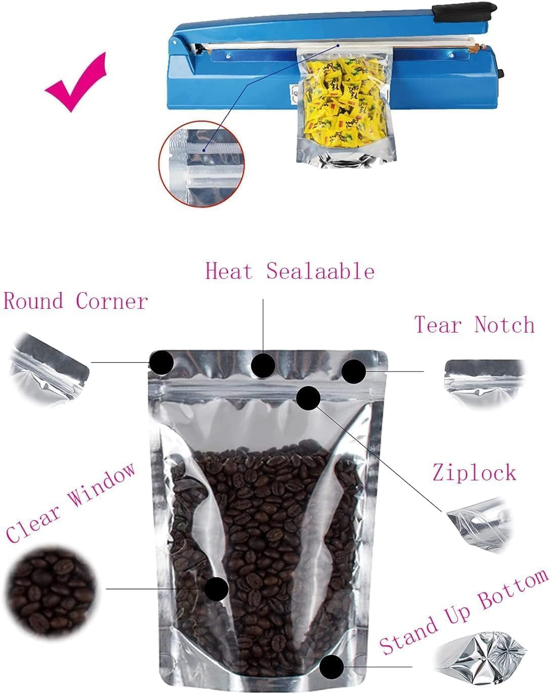 100PCS Reusable Foil Bags for Food Storage, Stand up Resealable Smell Proof Ziplock Bags, Aluminum Foil Packaging Pouches Bag for Cookies, Nuts, Tea, Candy (10X15CM,100PCS) image number 6