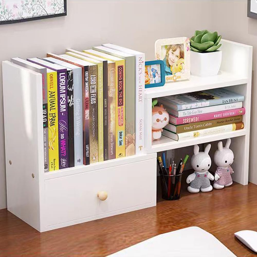 Hbluefat Desktop Organizer Rack with Drawer, Small Adjustable Wood Tabletop Bookshelf/Bookcase, Multipurpose Desk Display Storage Shelf for Home Office (White) image number 2