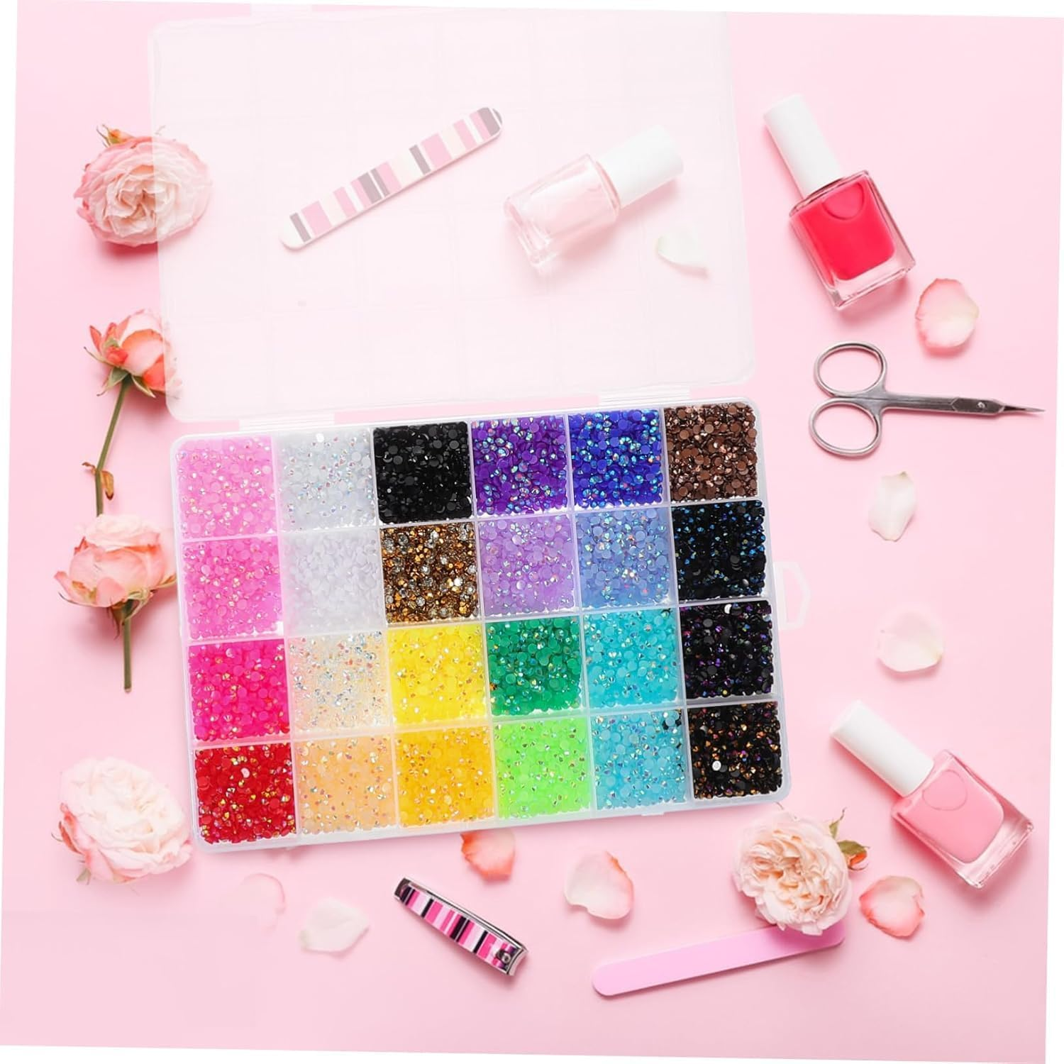 24000Pcs Nail Gems Kit with 24 Colors Flatback Rhinestones,Perfect for Nail Art, Charms, and Christmas Decor image number 2