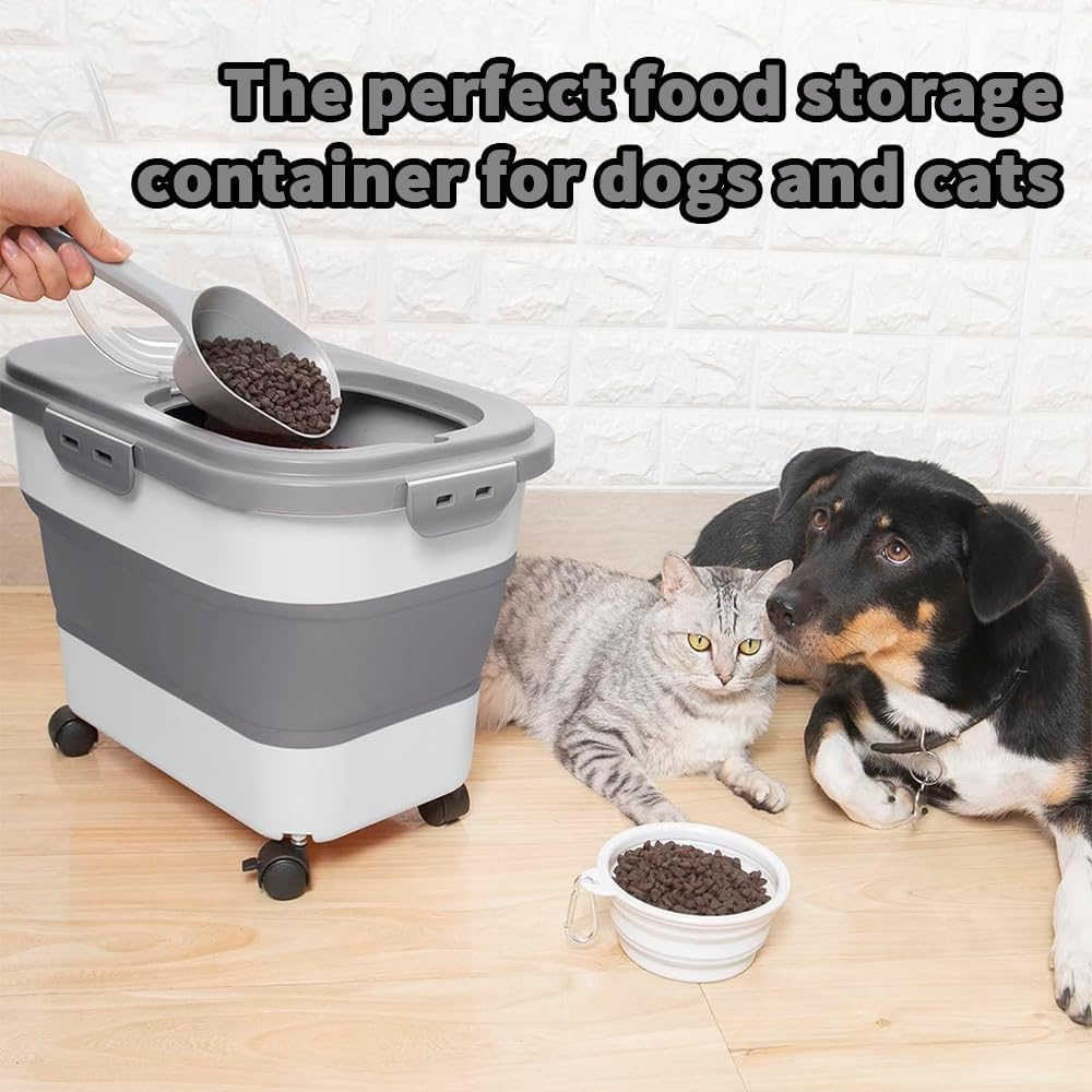 Pet Food Container, Collapsible and Moisture-Proof Dog Food Storage Container with Rolling Wheels, Scoop and Airtight Lid, Large Pet Food Storage for Dog, Cat, 42*28.5*32Ccm, Grey