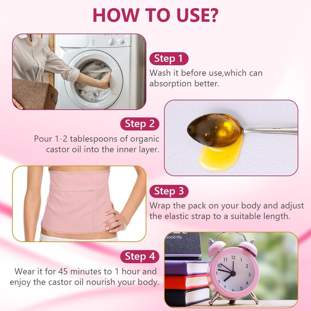 AOOWU Organic Castor Oil Pack, Castor Oil Pack Kit, Reusable Castor Oil Packs Set for Liver Detoxification, Thyroid, Digestion, Constipation, Pack of 2, Pink - 1 X White image number 2