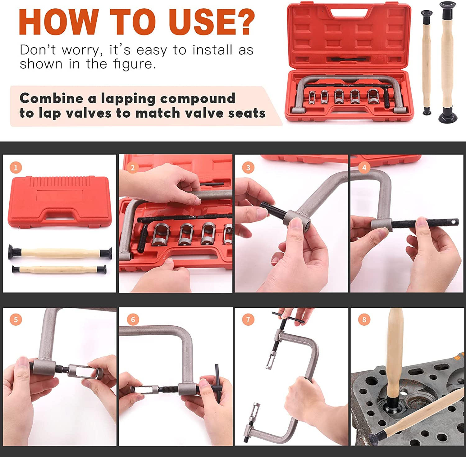 Tanstic 12Pcs Valve Spring Compressor and Lapper Set - Auto Compression C-Clamp Tool Service Kit with Lapping Grinding Stick for Motorcycle, ATV, Car, Small Engine Vehicle Equipment image number 6