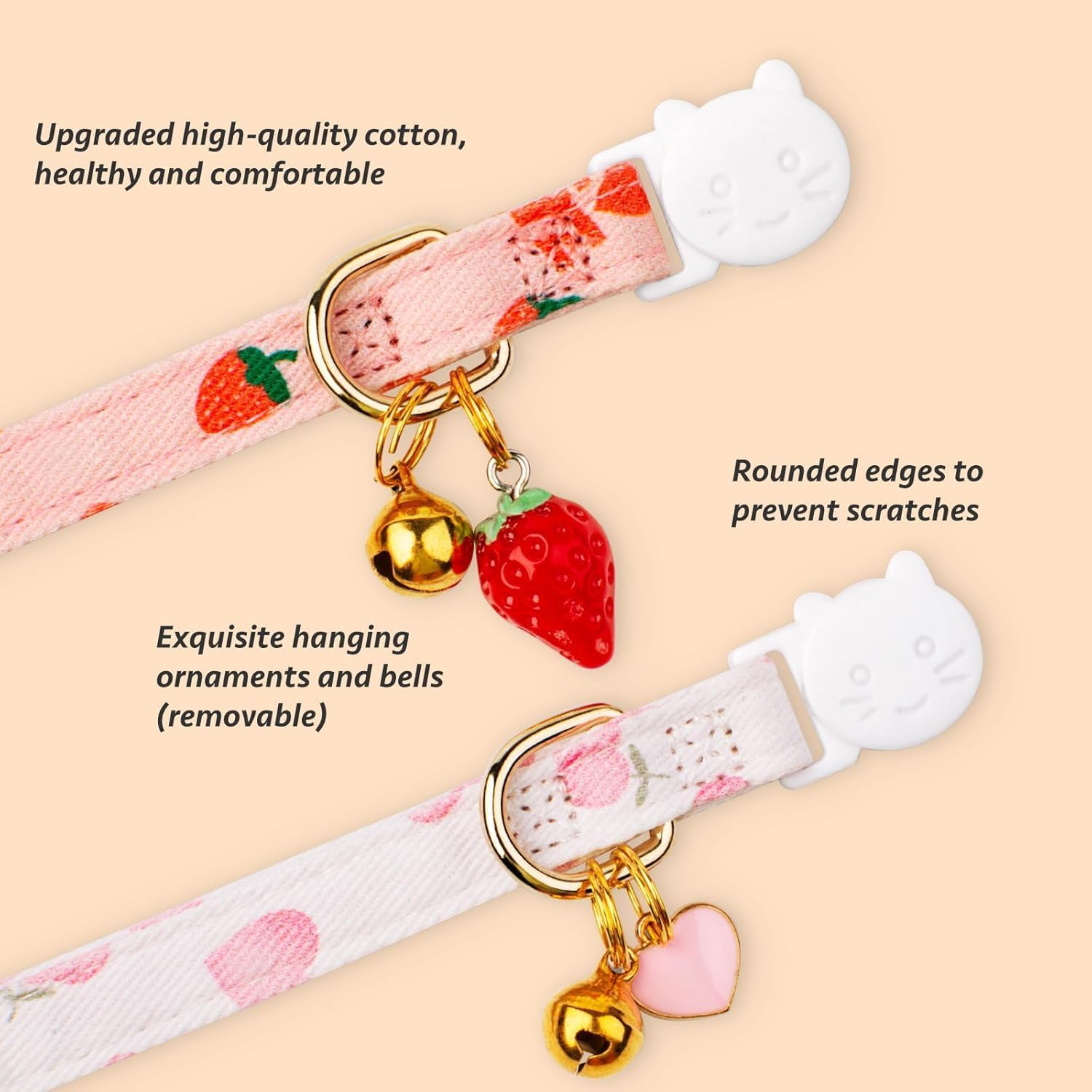 2-Piece Cotton Detachable Cat Collar Pink Strawberry White Heart Pendant Cute Kitten with Bell Cat Collar Suitable for Boys and Girls. - Pinkwhite image number 5