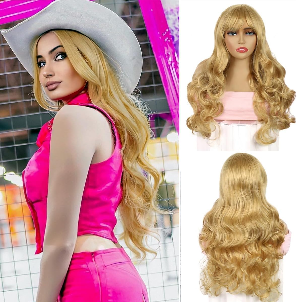 BECUS Long Ginger Wigs for Women Orange Wavy Curly Wig with Bangs Synthetic Hair Wig
