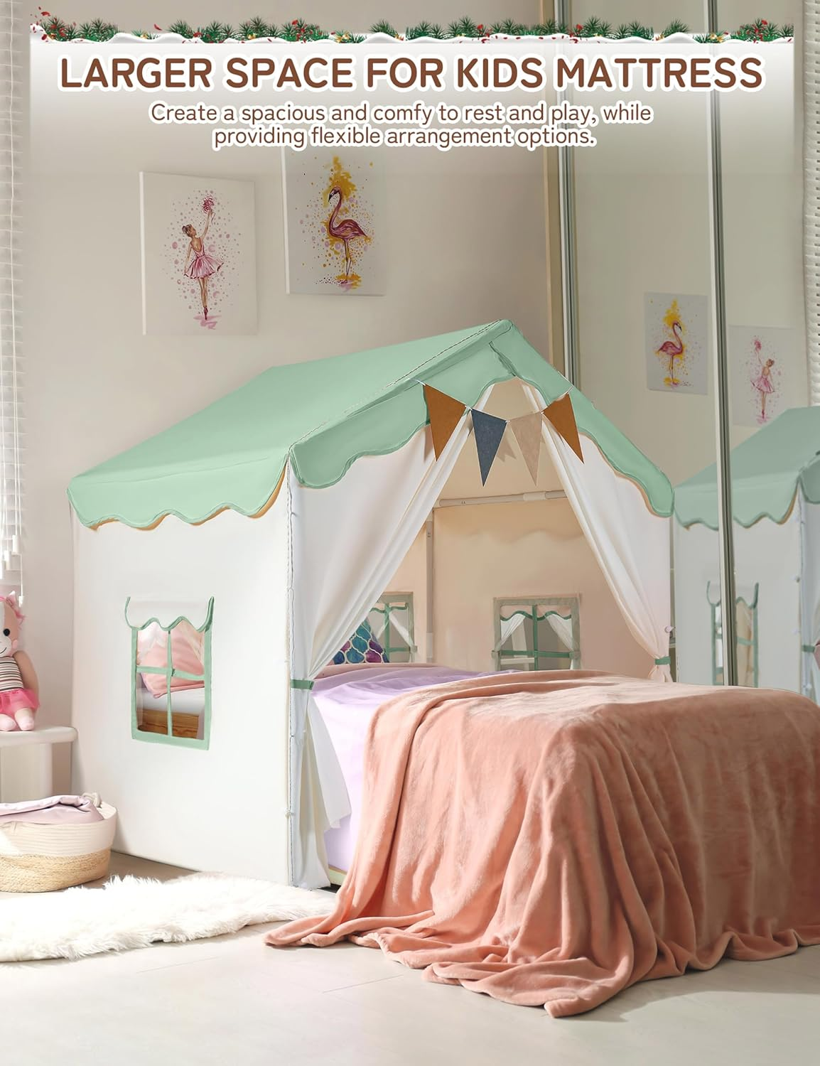 Kids Play Tent, Kids Playhouse 2 in 1 with Padded Mat, Indoor & Outdoor,130 X 89 X 130 Cm, Mint Green and White image number 1