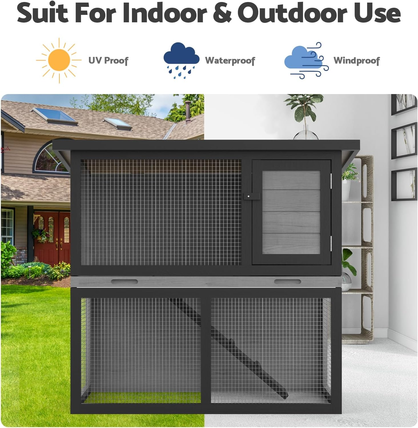 Oppsbuy Rabbit Hutch Bunny Cage for Small Animals Guinea Pig Chicken Coop Rabbit Cage Pet House Run Cage Rabbit Cage Wooden 89.5X45X79.5Cm Slide Out Tray image number 3