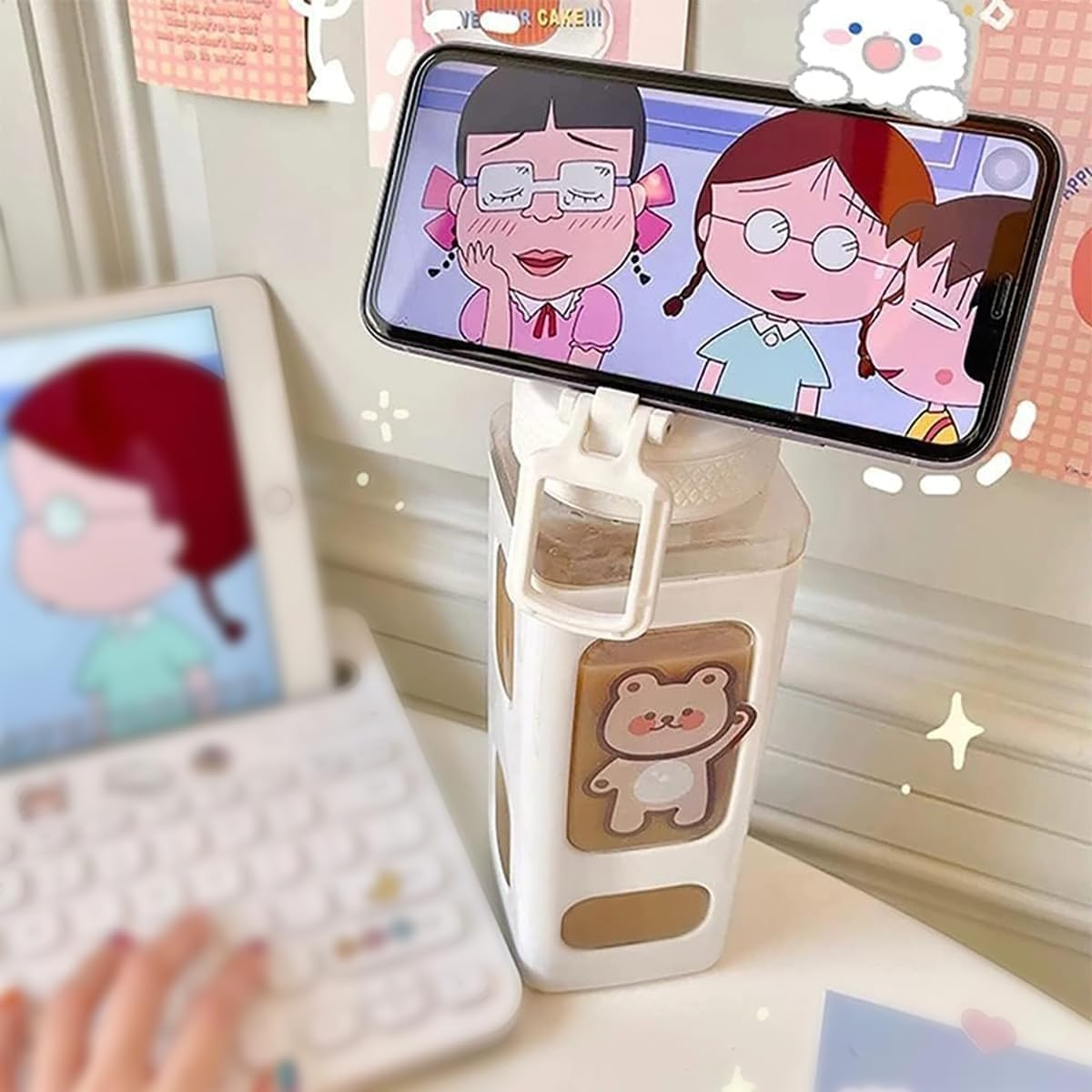 AIMALL Adjustable Kids Water Bottle with Straw, 700Ml/24Oz Leak-Proof Large Capacity Square Plastic Water Cup, Durable Anti-Drop High-Temperature Resistant, Includes Fun Stickers for Customization - Pink image number 3