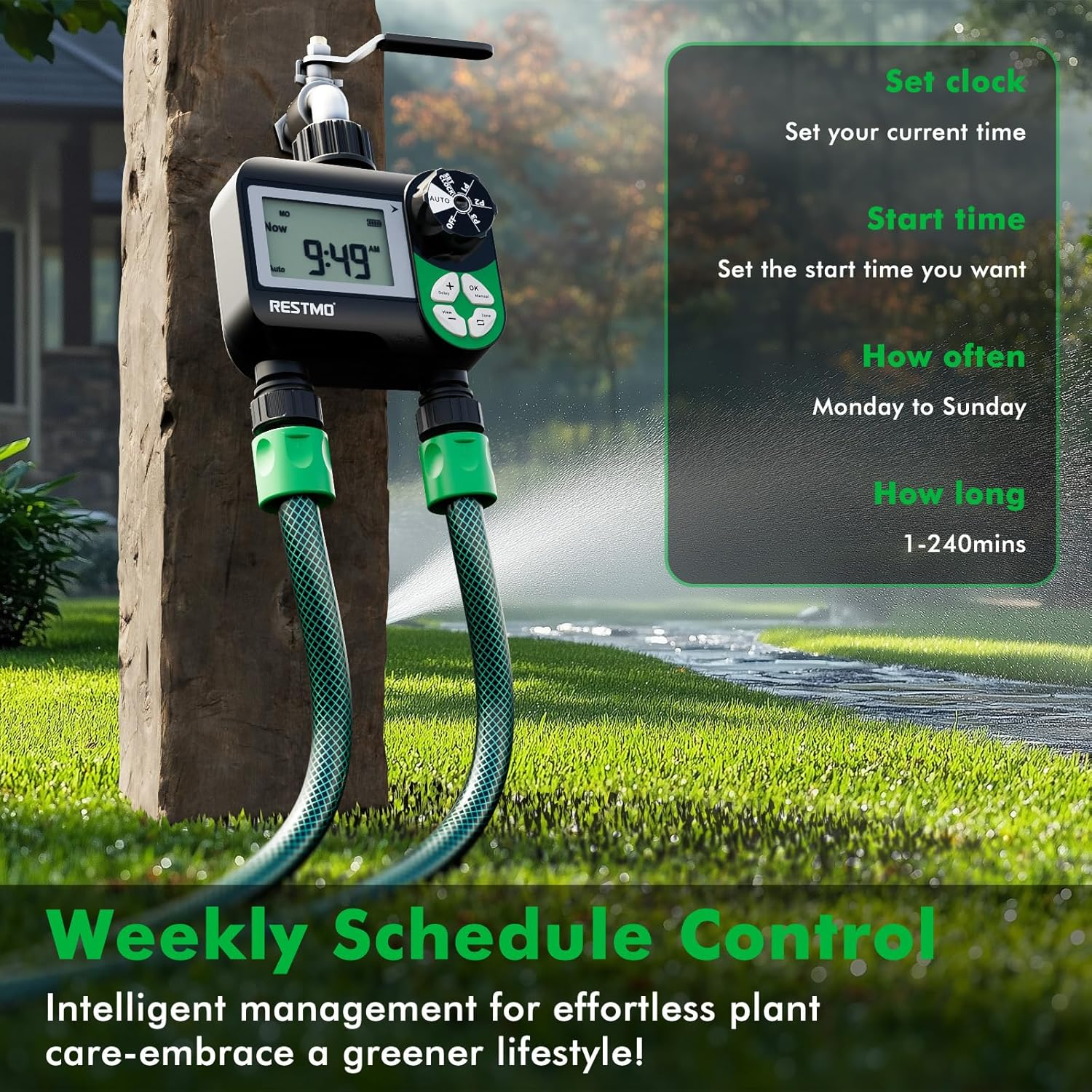 Restmo Water Timer with 3 Separate Programs, 7-Day Programmable Sprinkler Timer for Garden Hose, Automatic Control/Manual/Rain Delay for Drip Irrigation, Lawn and Yard Watering System, 2 Zone image number 1
