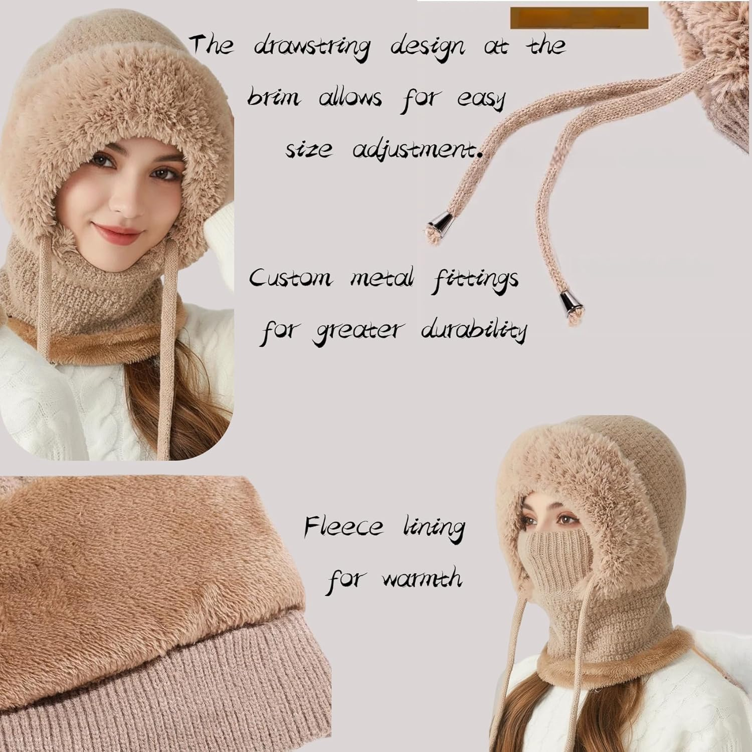 3 in 1 Beanie Hat for Women,Fleece Lined Hat with Scarf & Face Cover, Knitted Windproof Ski Mask Beanie for Cold Weather - Khaki image number 2