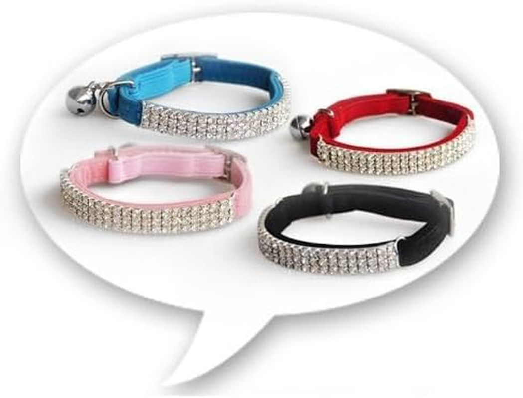 CHUKCHI Soft Velvet Adjustable Cat Collar with Rhinestones and Bell - Pack of 4 - Black, Pink, Red, Black - Blue image number 3