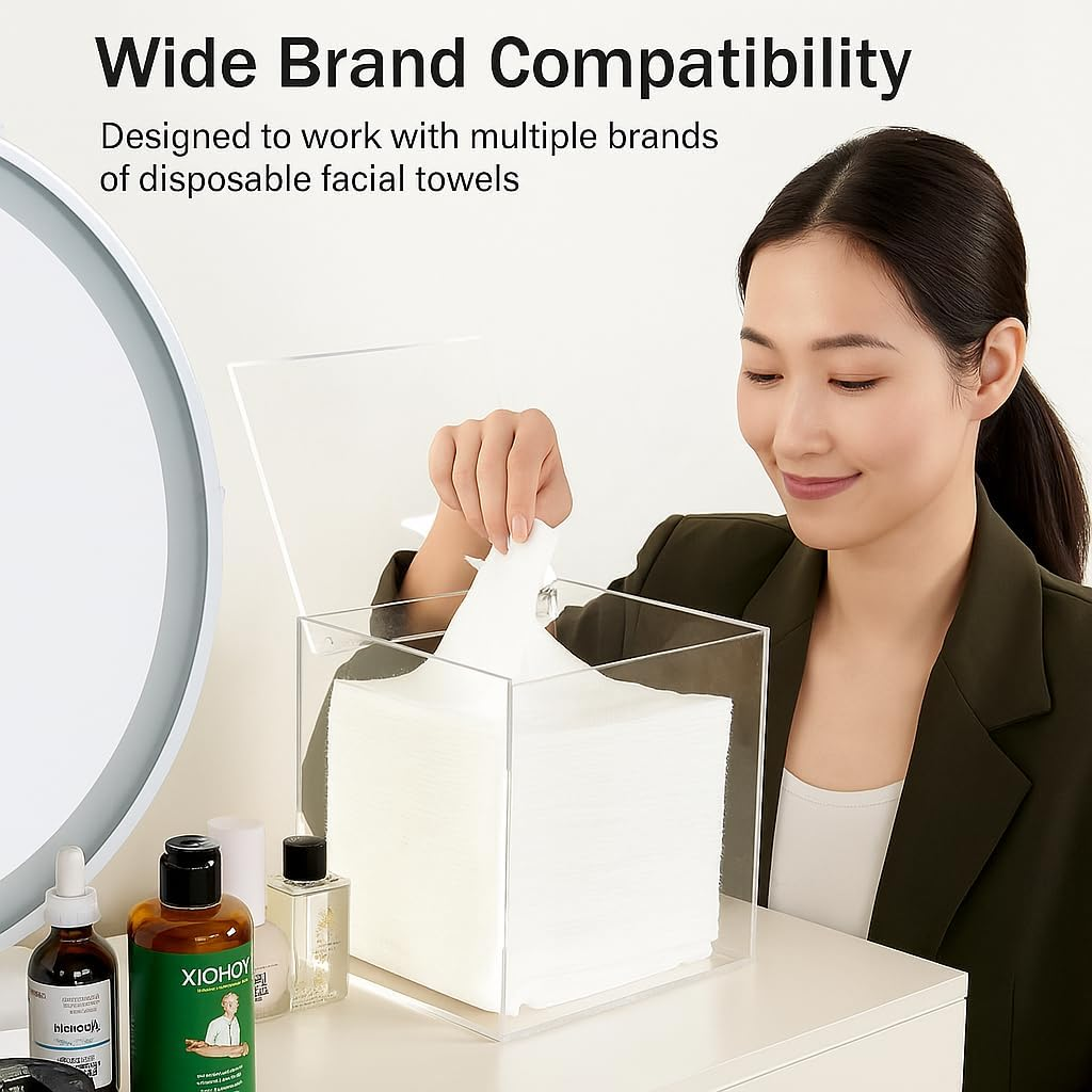 SYGELER Acrylic Disposable Face Towel Holder(10Cmx10Cmx10Cm ) | Face Towel Storage Box for Disposable Face Towels, Cleansing Wipes & Towelettes | Bathroom Counter Organizer image number 4