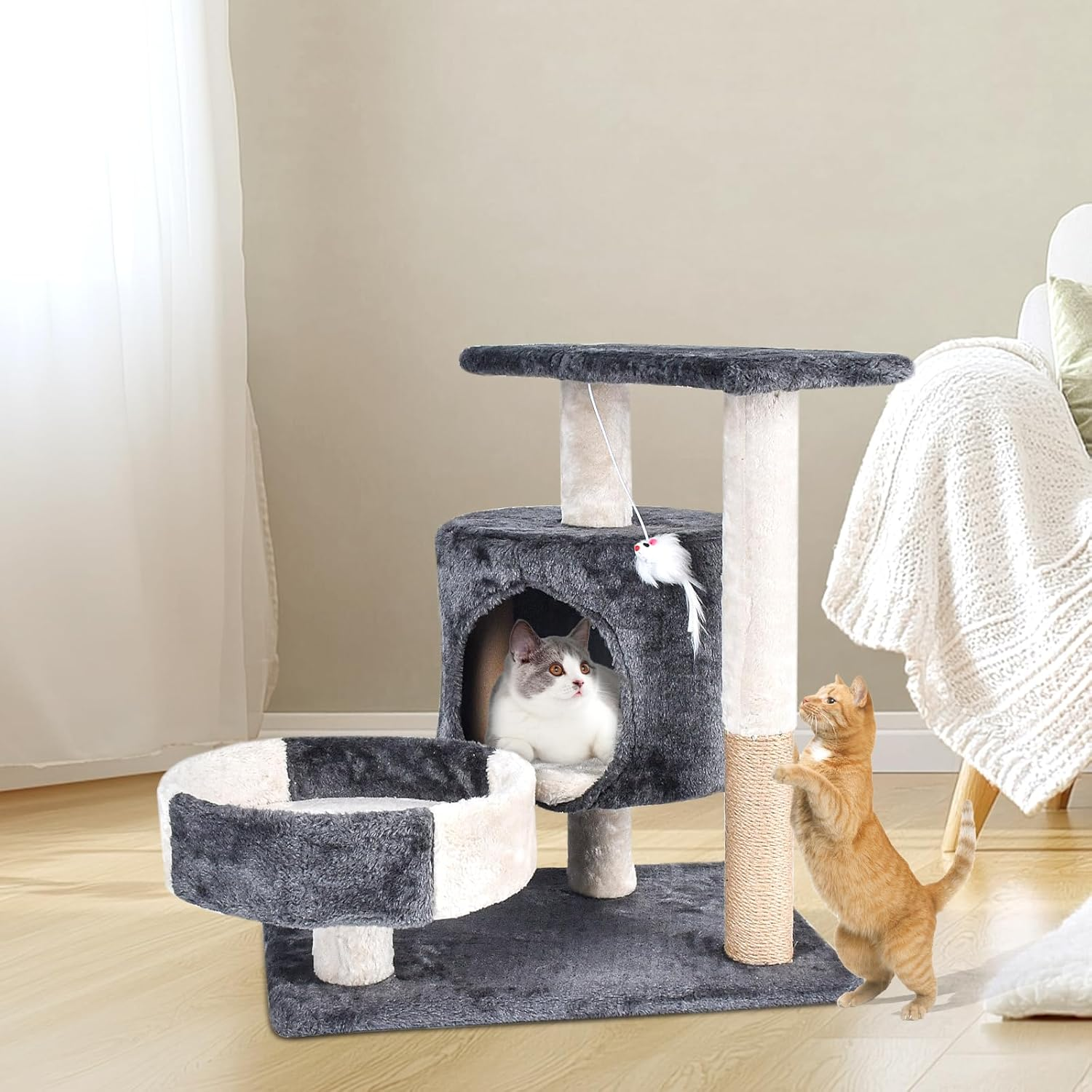 Cat Tree with Sisal-Covered Scratching Posts and Pads, Activity Centre Climbing Tree Furniture with Cat Condo, Cat Tower for Medium Cats Grey image number 1