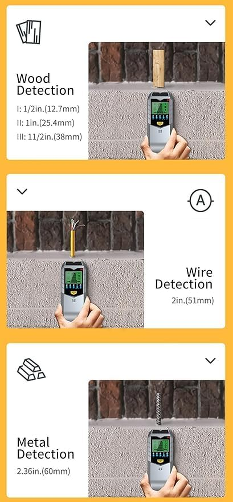 Detector, 5-In-1 Wall Scanner Detector with LCD Display and Acoustic Alarm, Multifunctional Stud Finder for Locating Metal Pipes Wooden Beams, Power Lines image number 3