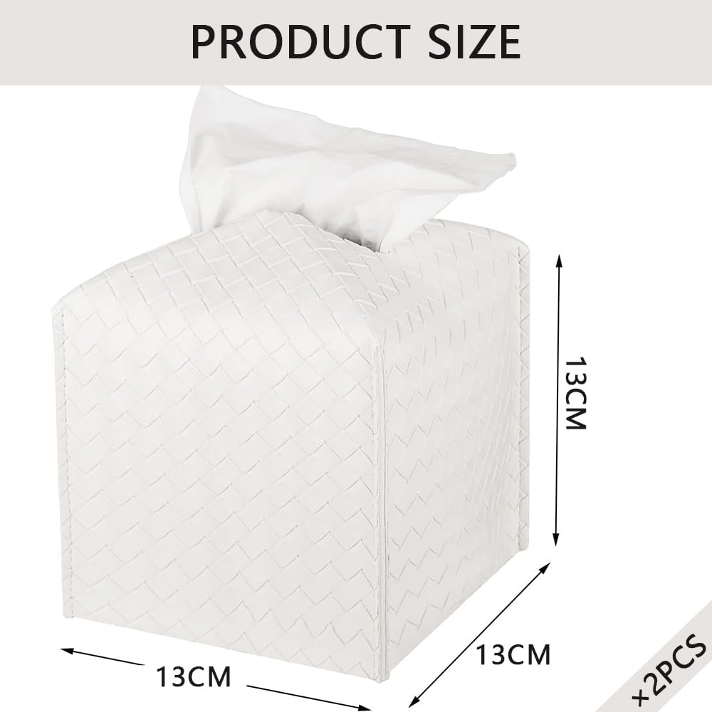 HYAVIA 2PCS PU Leather Tissue Box Cover &ndash; Square Tissue Holder with Braided Pattern and Bottom Strap, Modern Facial Tissue Organizer for Bathroom, Car, Office, Tabletop, Pearl White image number 4
