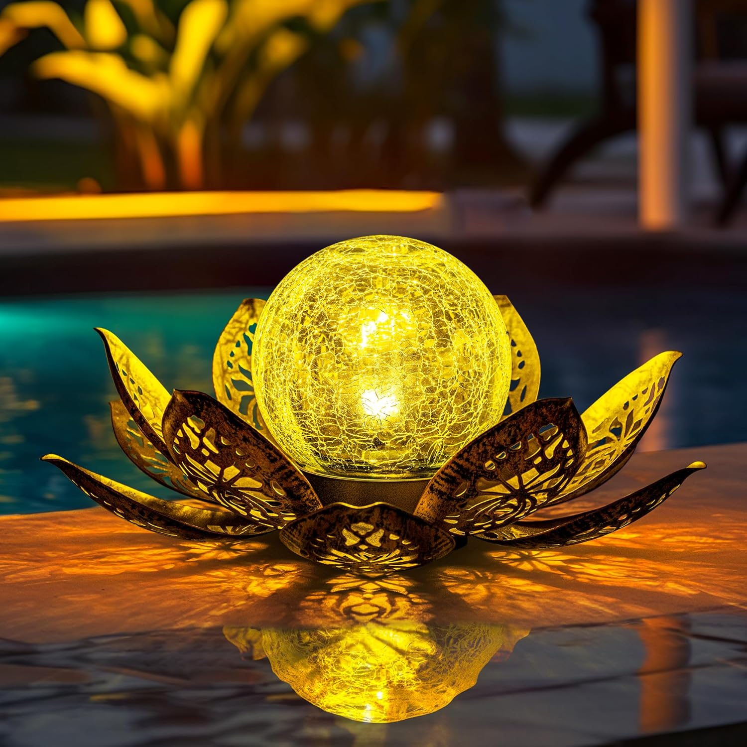 PATIOPIA Solar Lights Outdoor Garden Decor, Adjustable Metal Petal Lotus Flower Lights Crackle Globe Glass Lantern Outdoor Table Decor Waterproof for Patio, Lawn, Pathway, Pond Gift image number 4