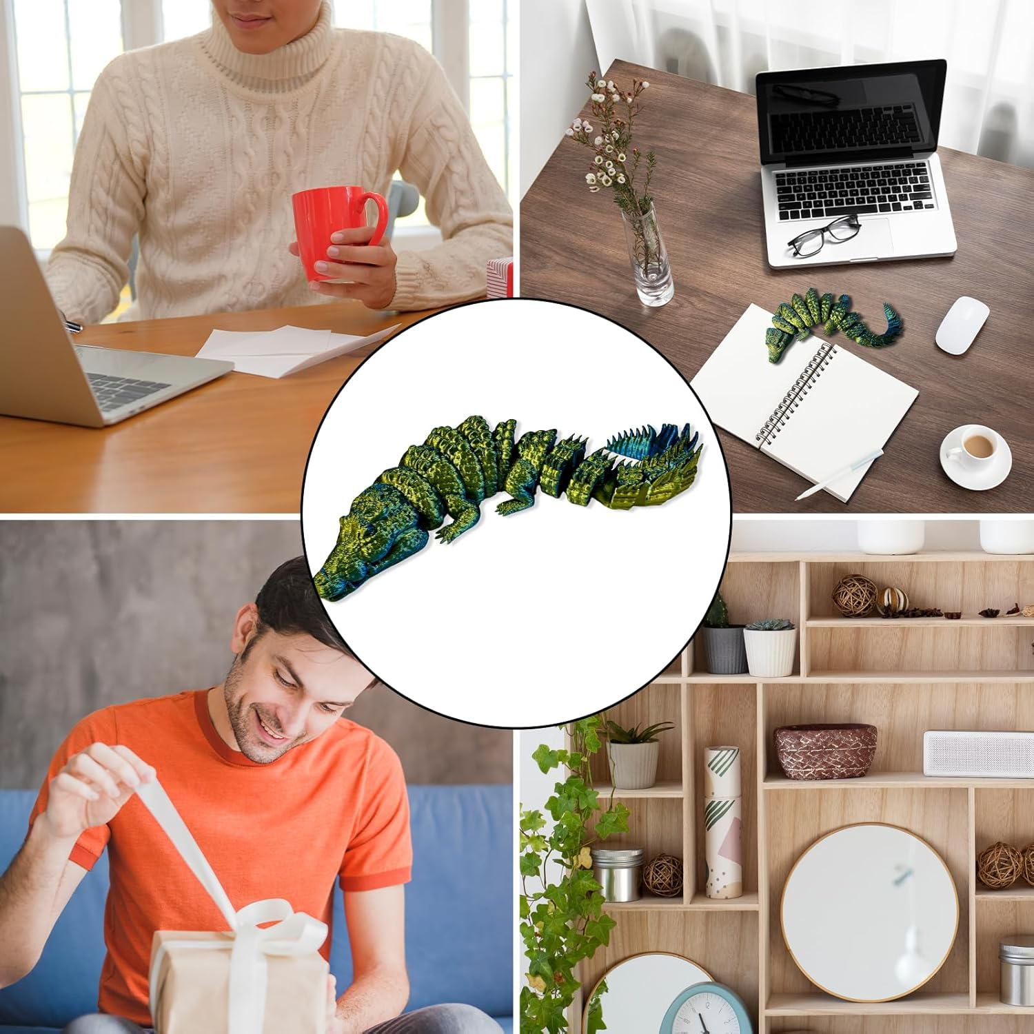 3D Printed Crocodile, 3D Printed Animal Toys for Desktop Decorations, Fidget Toys, Prank Prop (21Cm/8.26In, Blue Green)