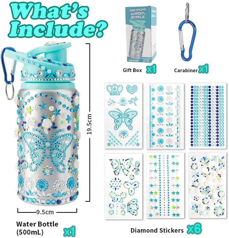 Valentines Day Gifts Girls Decorate Your Own Water Bottle for Girls Girls Water Bottles for School Water Bottle Jewel Stickers for Crafts Stickers for Girls Age 6 7 8 Green Water Bottle